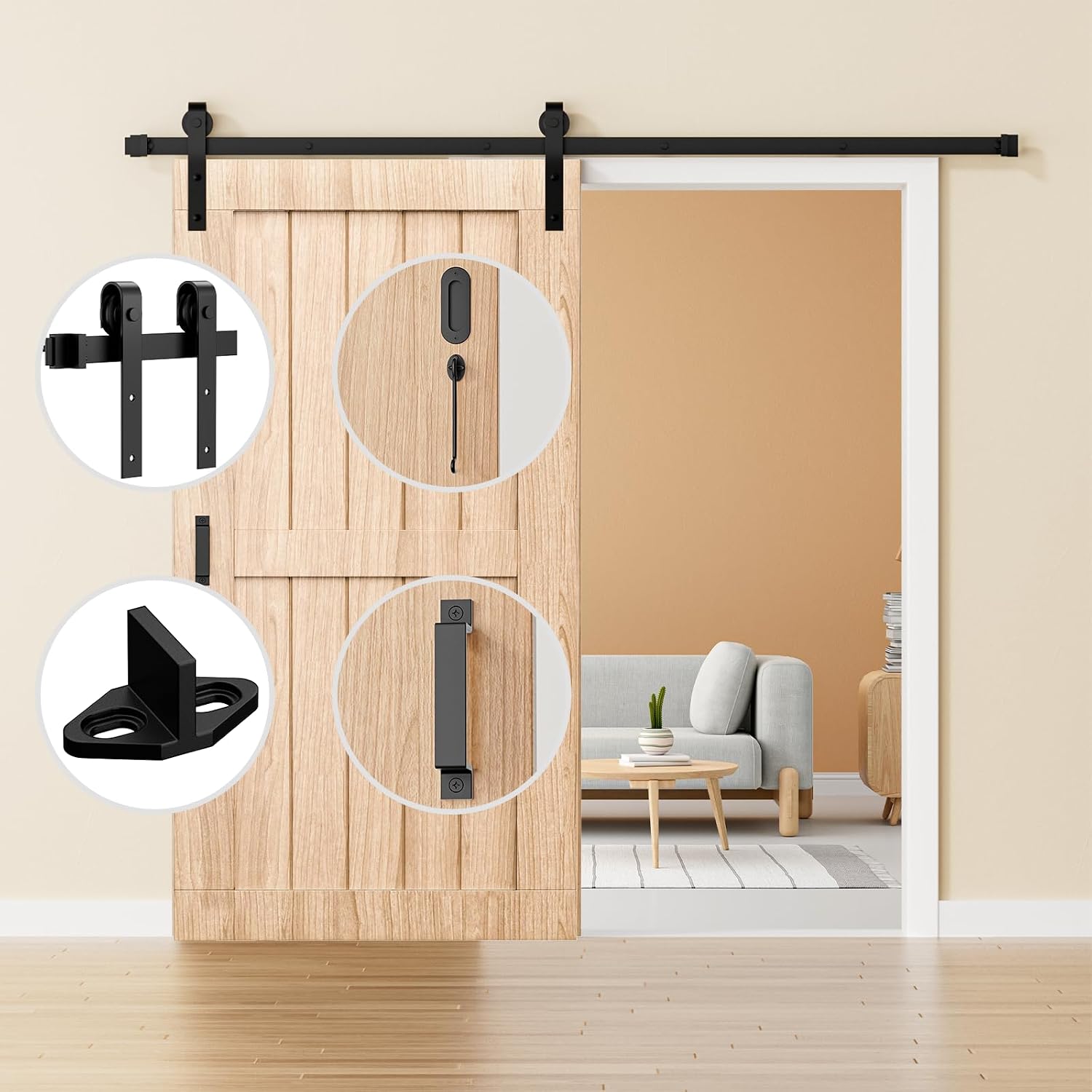 Thumbnail 2 de Signstek 6.6 FT Barn Door Hardware Kit, J-Shape Track, Black with Handles and Latch