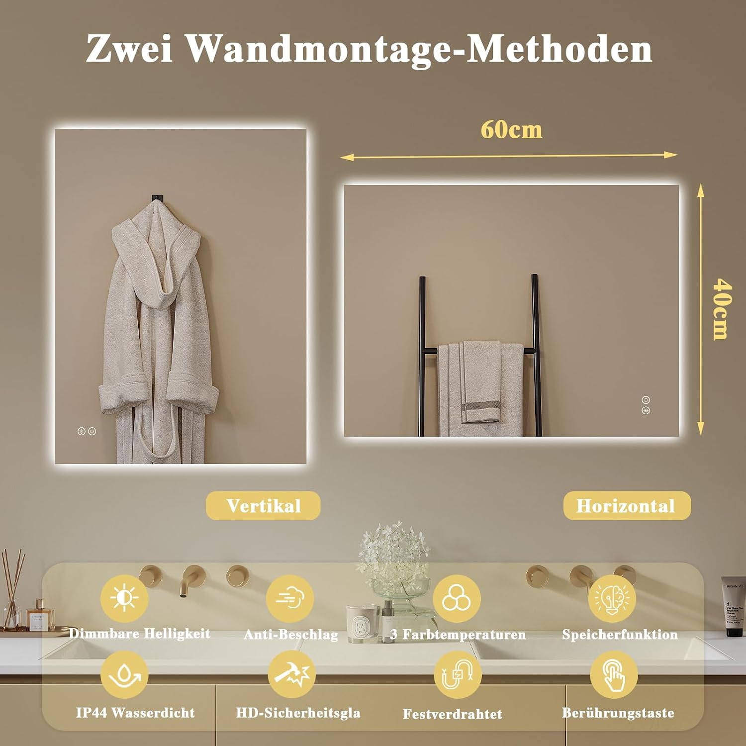 Detalle 2 de Archaluxe Badspiegel mit Beleuchtung 40x60 cm – LED Spiegel mit Touch, dimmbar, 3 Lichtfarben, IP44/IP54