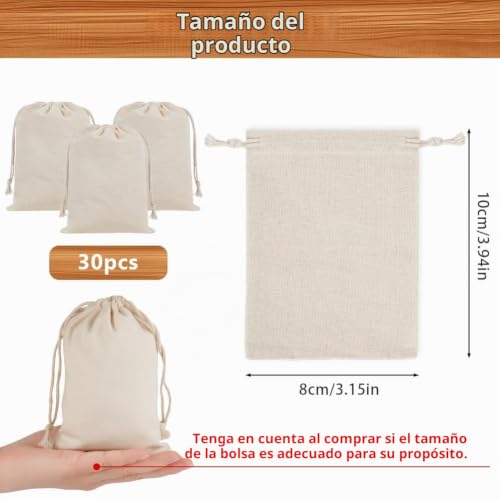 Detalle 2 de OFFCUP 30 Bolsas de Algodón con Cordón 8x10 cm: reutilizables para regalos, DIY y organización