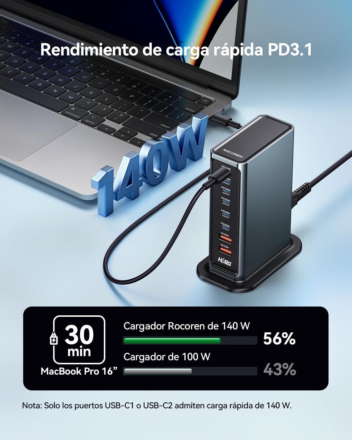 Detalle 2 de Rocoren 720W estación de carga 8 puertos ⚡