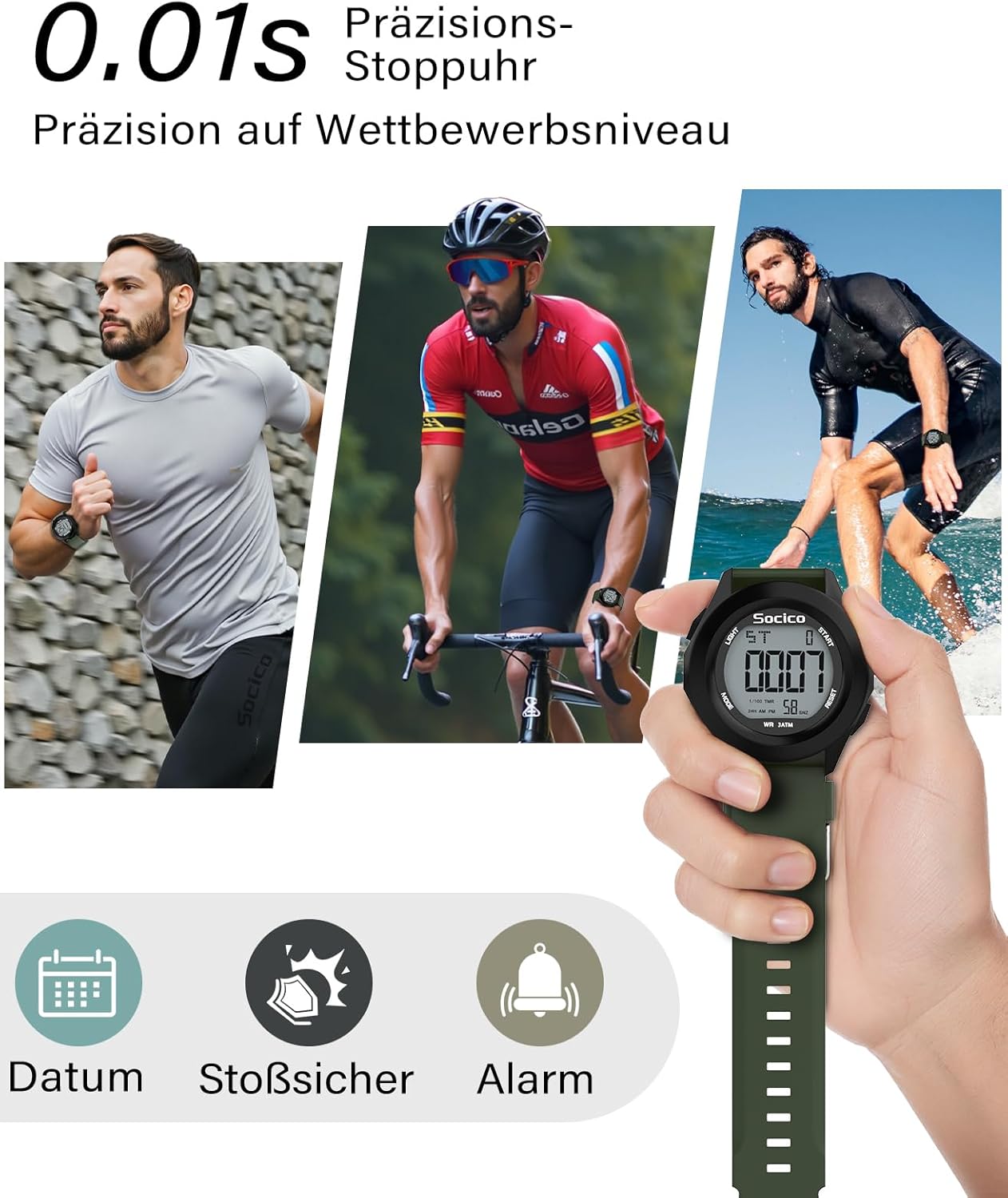 Thumbnail 4 de SOCICO Herren Digitaluhr Sport wasserdicht Outdoor mit Stoppuhr, Alarm und Datumsanzeige