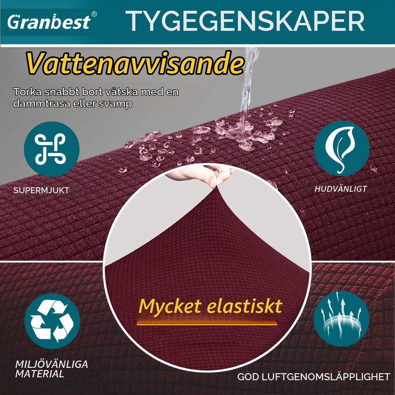 Detalle de Granbest 1 stretchigt sofföverdrag i jacquard, vinrött och vattenavvisande