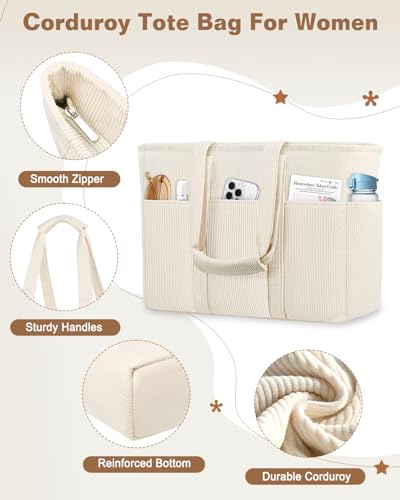 Detalle de LUROON Bolsa Tote Grande en Pana: Bandolera con Cremallera y Múltiples Bolsillos