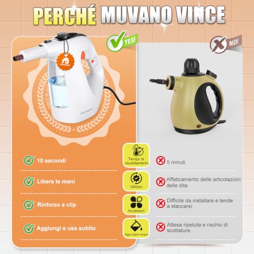 Detalle de Muvano Pulitore a Vapore Portatile 450 ml, 11 Accessori – Riscaldamento in 10s e potenza 1500W