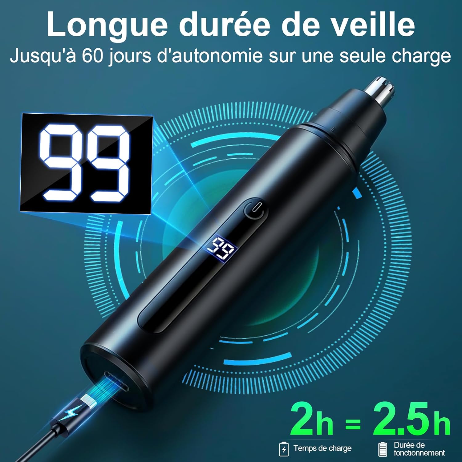 Thumbnail 5 de Tondeuse Nez USB rechargeable 2 en 1 (poils du nez et des oreilles) avec écran LCD et tête rotative 360°