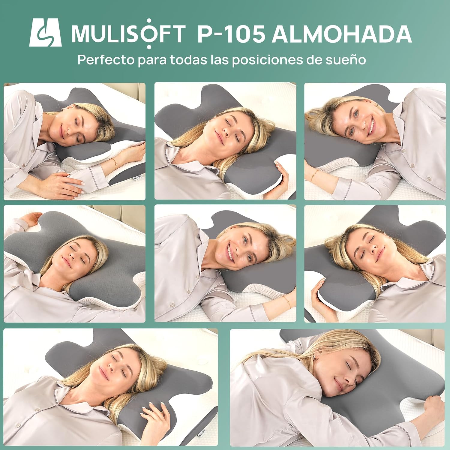Detalle de MULISOFT Almohada Cervical 2 en 1: Ergonómica, espuma viscoelástica y funda de seda fría