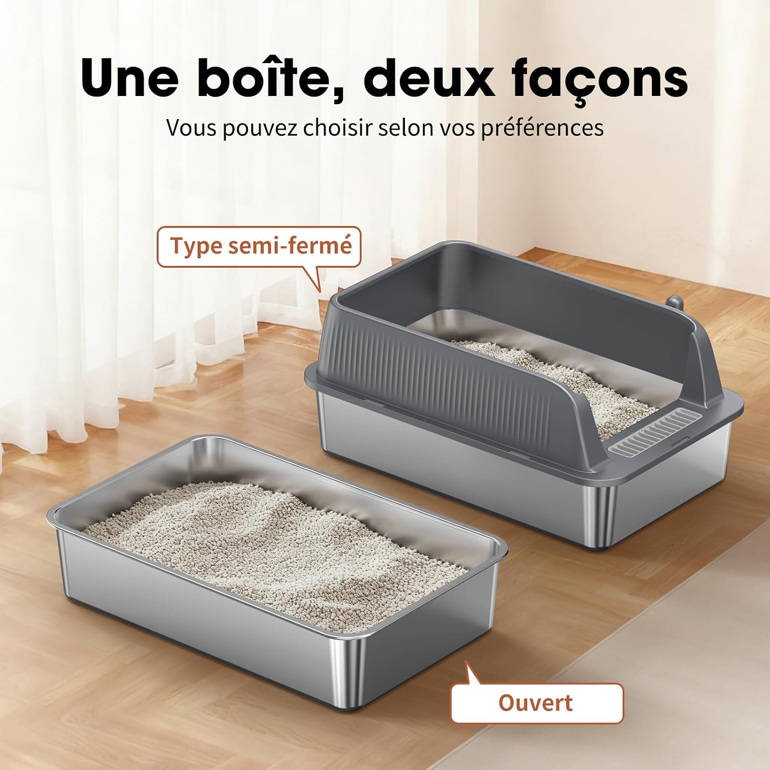 Thumbnail 5 de Bac à litière Ouvert en INOX – Grand bac métal à bords hauts, cuve profonde amovible et antiadhésif