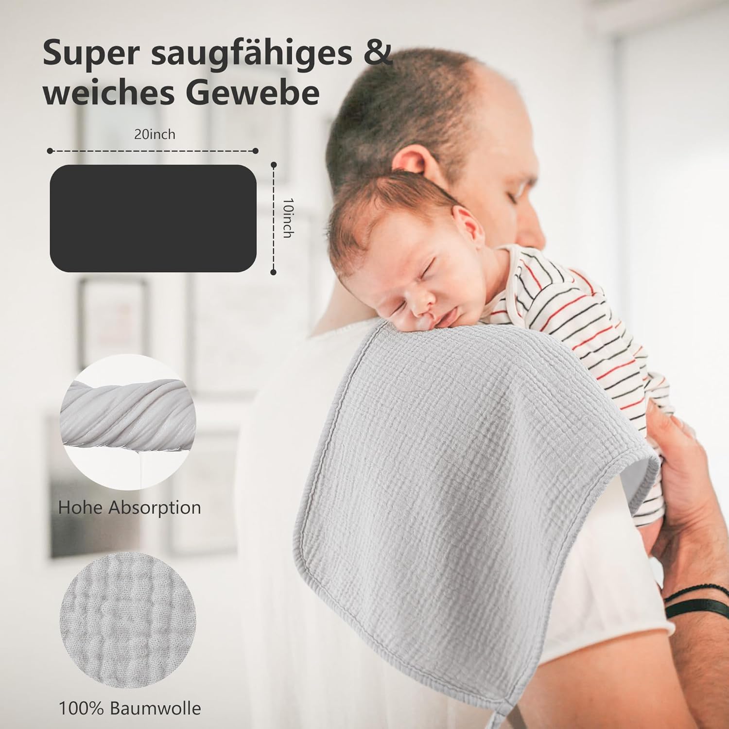 Thumbnail 6 de Bearmoss Moltontücher Baby – 6er Pack, 50x25 cm, 100% Baumwolle Musselin auf der Vorderseite, weicher Baumwollfrottee auf der Rückseite