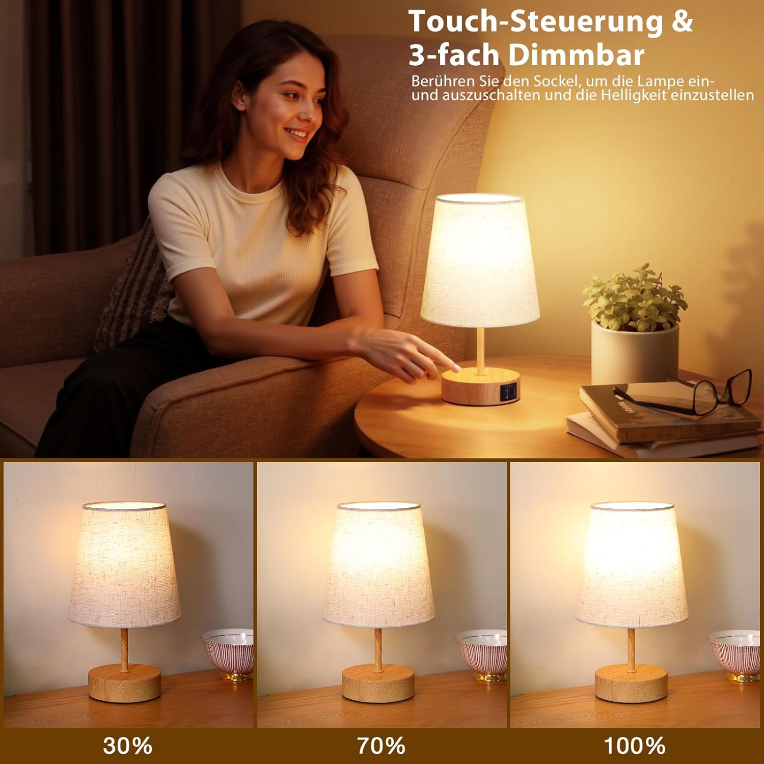 Thumbnail 1 de PreeOtti Touch-dimmbare Nachttischlampe mit USB A+C (inkl. LED-Birne)