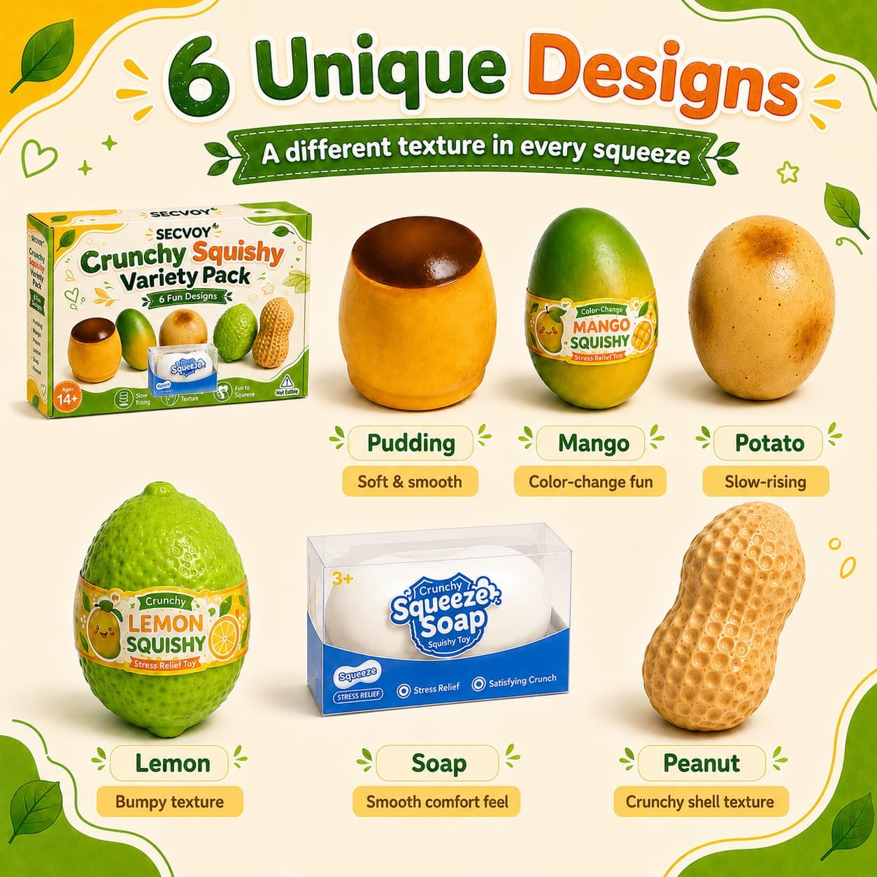 Detalle 2 de SECVOY Crunchy Squishy Set, 6 Slow-Rising Food-Shaped Fidgets