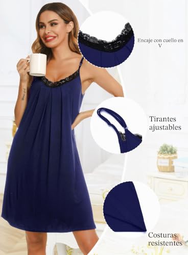 Detalle de Lovasy Camisón de Mujer Verano con Encaje en V, Tirantes Ajustables y Modal Suave – Azul Marino, talla L