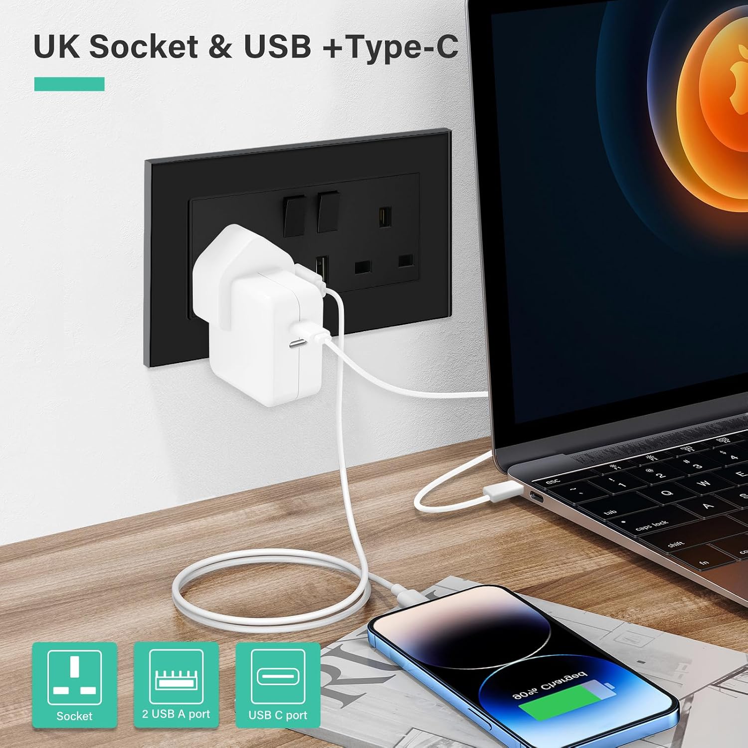 Thumbnail 6 de BSEED Double Switched Sockets with USB C and USB A (UK Standard) – 2 Gang, Glass Panel, Black, 5 Pack