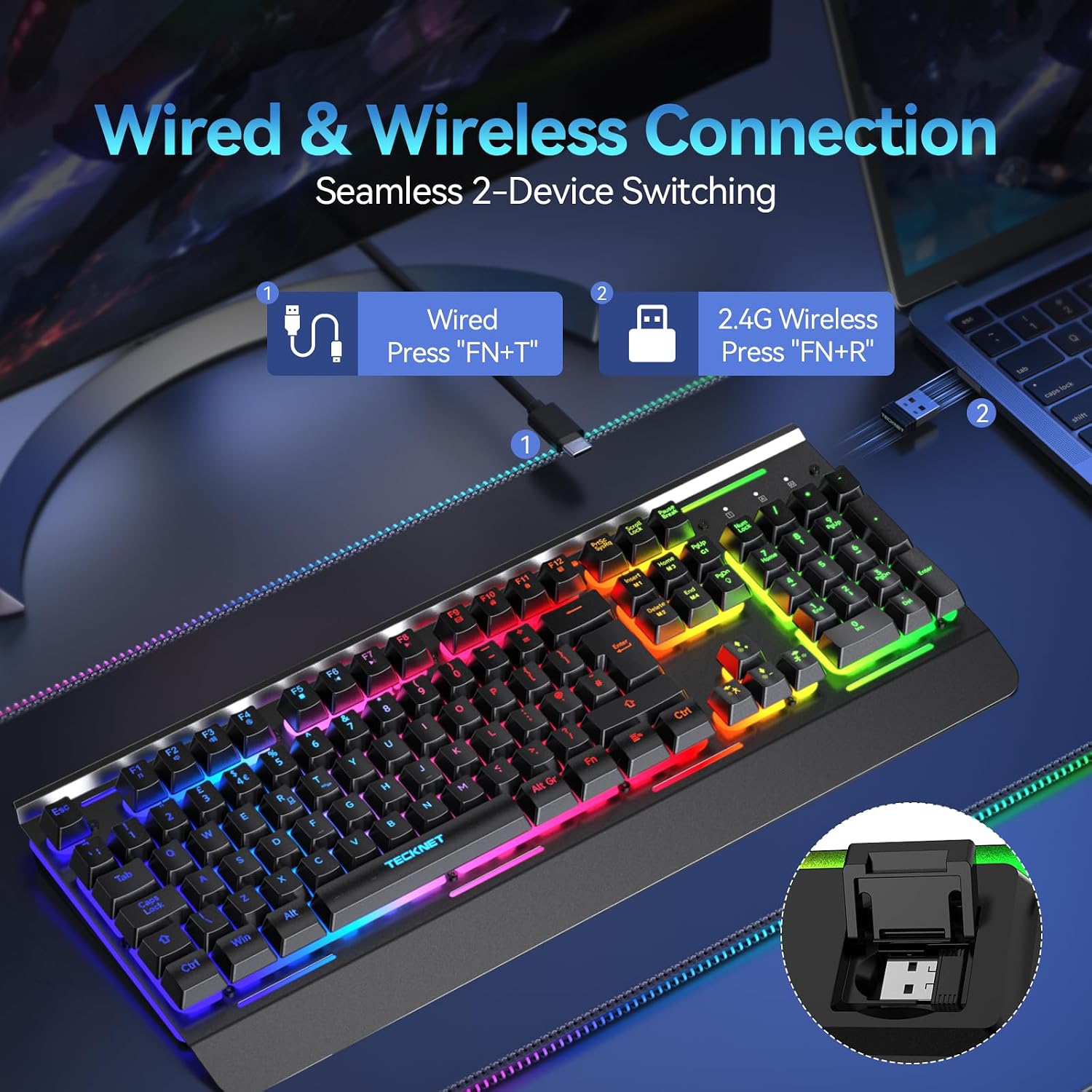 Detalle 2 de TECKNET Wireless Gaming Keyboard with 2.4G + Wired Connectivity, 15-Zone RGB, 4000mAh Battery