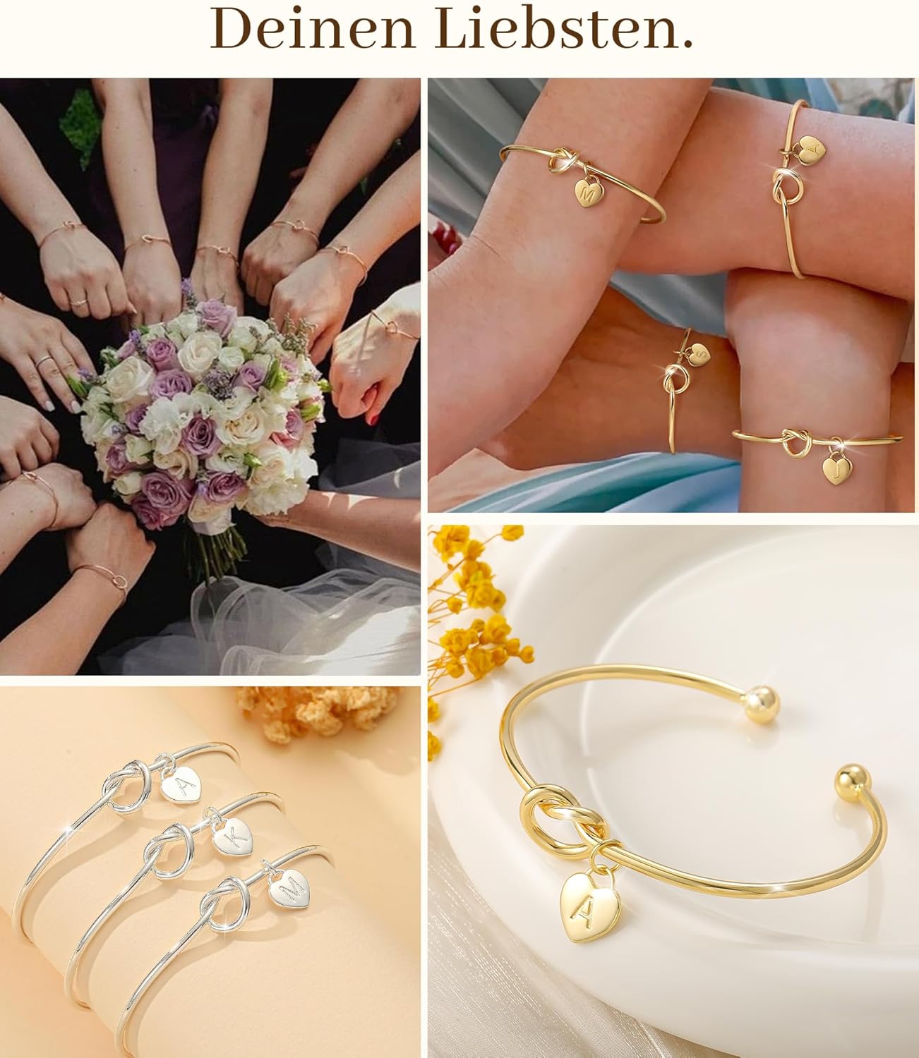 Thumbnail 5 de Bracelet personnalisé ZOERAY or jaune et argent 18K plaqué, nœud d’amour réglable avec breloque cœur (initiales A-Z)