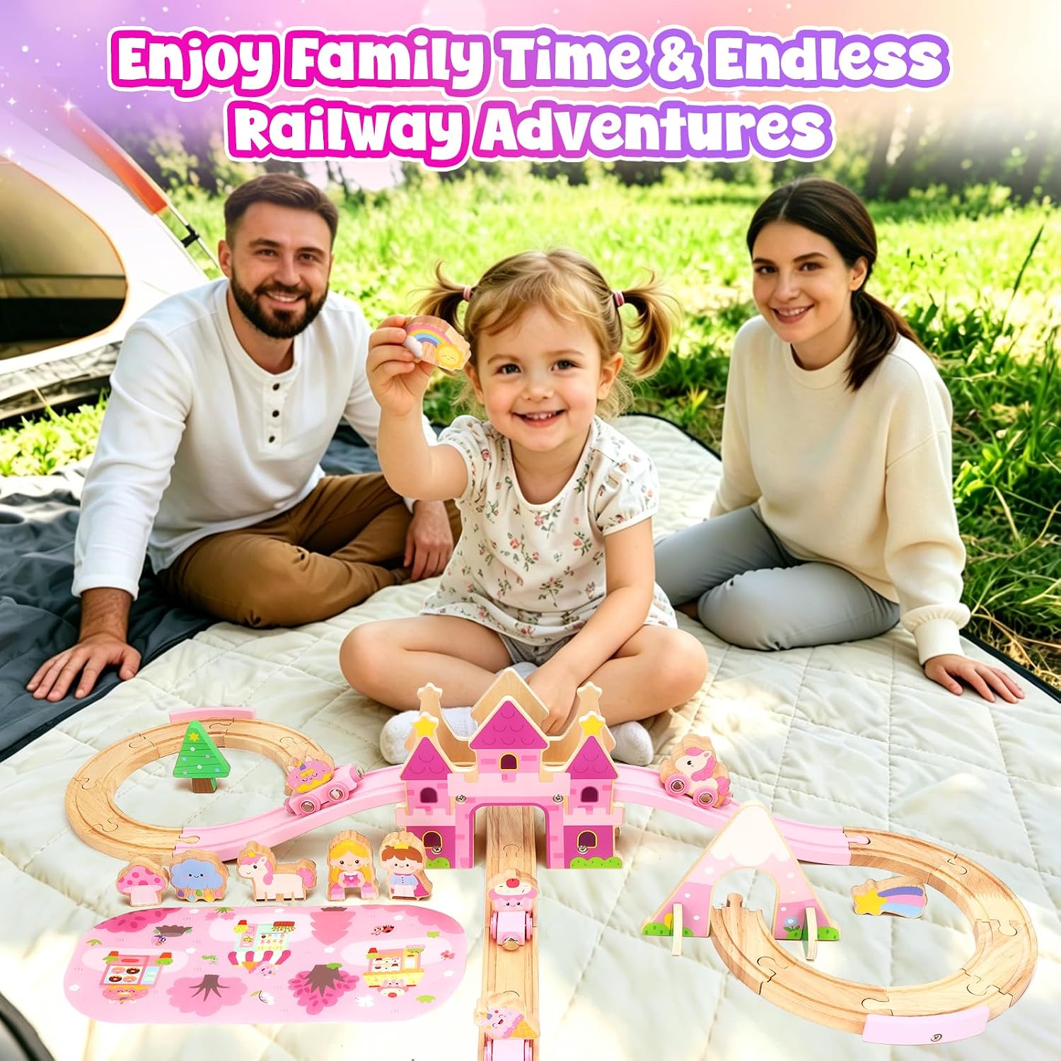Detalle de Brialice Toddler Toys 40-Piece Wooden Train Set with Castle and Play Mat
