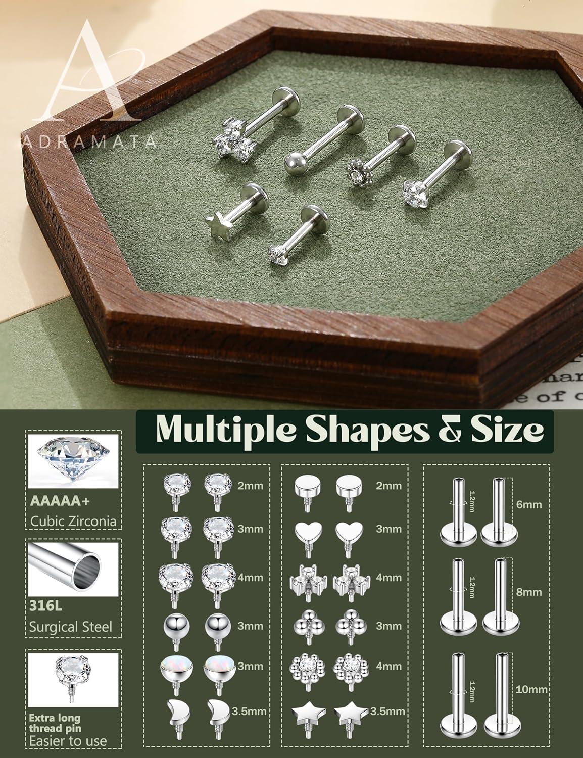 Thumbnail 1 de ADRAMATA Helix/Tragus & Labret Piercing Jewellery Set 16G/18G (6/8/10mm)
