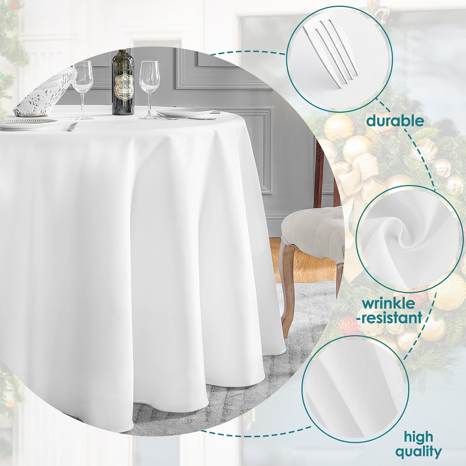 Detalle de VidaFete Round Tablecloth (132-inch) — 10 Pack Polyester Table Cover, Stain & Wrinkle Resistant (White)