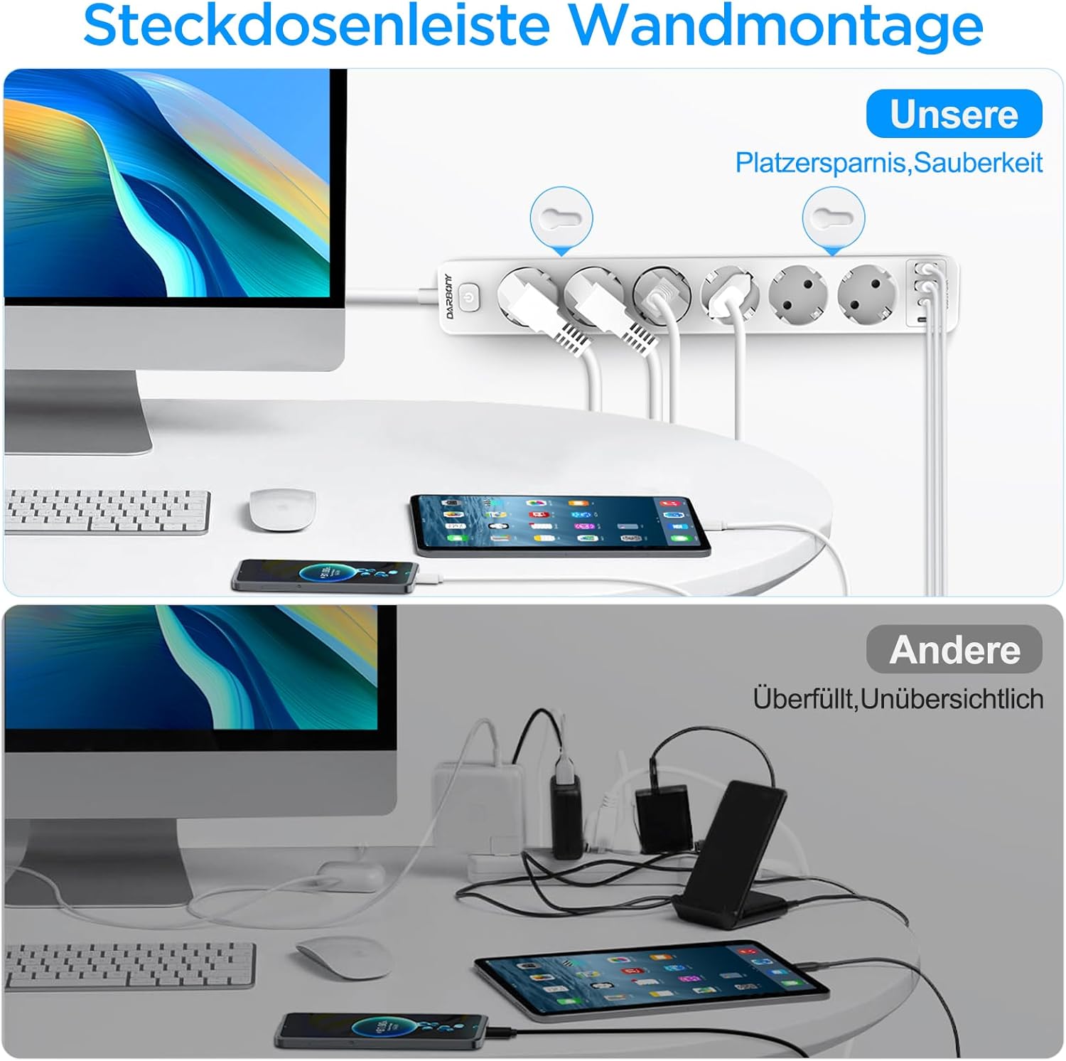 Thumbnail 3 de Steckdosenleiste mit 4 USB (Type‑C & A), 6-fach Mehrfachsteckdose mit Schalter – 3680 W, 16 A, 1,8 m Kabel, Wandmontage (weiß)