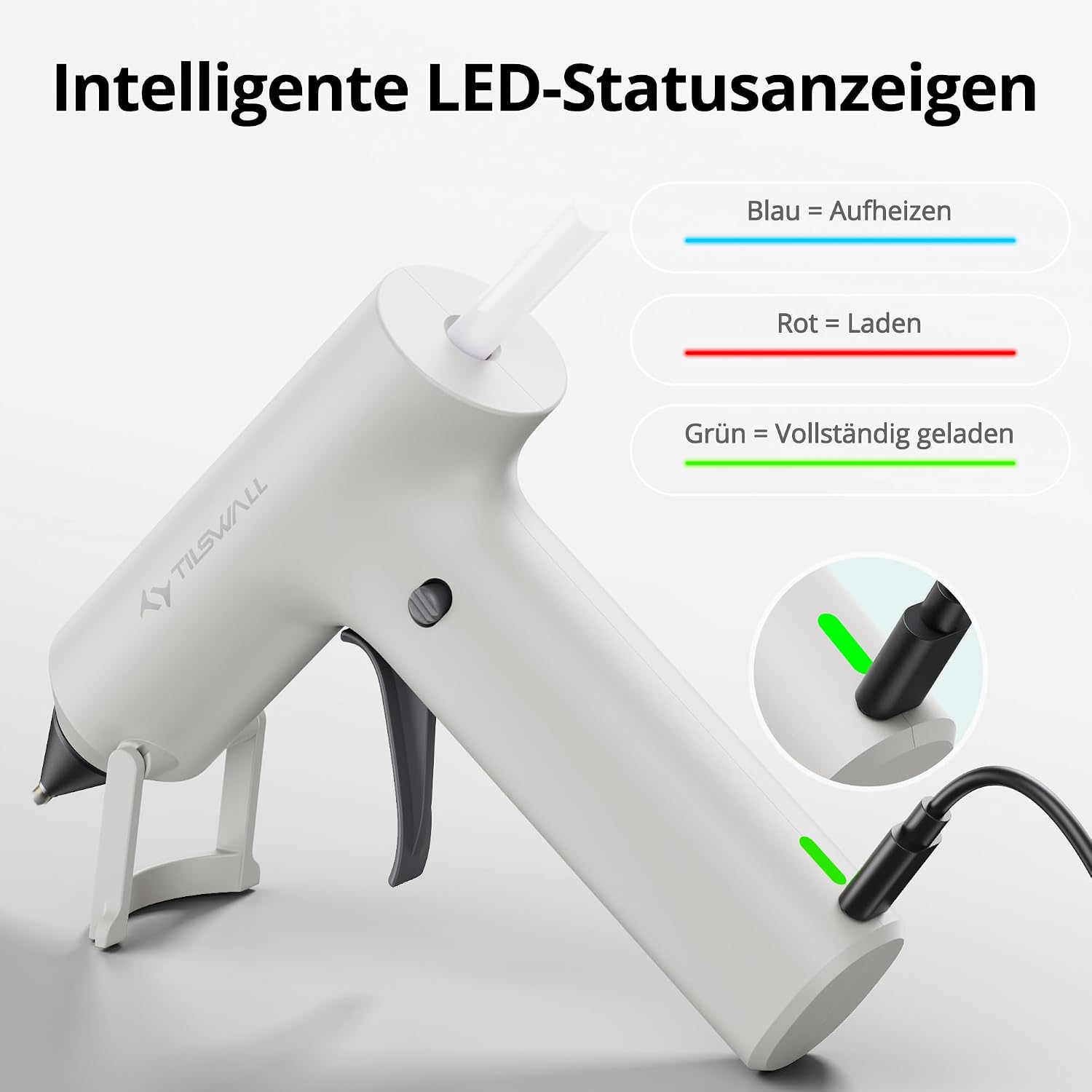 Detalle de Tilswall kabellose Heißklebepistole mit Akku (2000 mAh) und 20 Premium-Klebesticks – 170 °C, weiß
