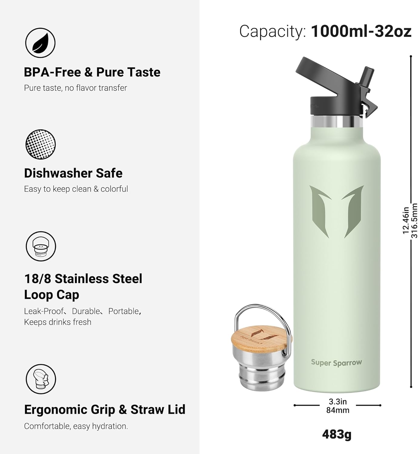 Thumbnail 2 de Super Sparrow borraccia termica da 1L in acciaio inox, senza BPA, con 2 tappi intercambiabili