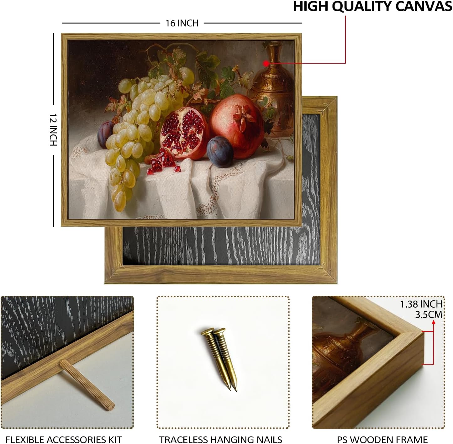 Thumbnail 3 de Vintage Framed Canvas Wall Art – Farmhouse Kitchen Still Life (12x16) with Green Grapes and Pomegranate