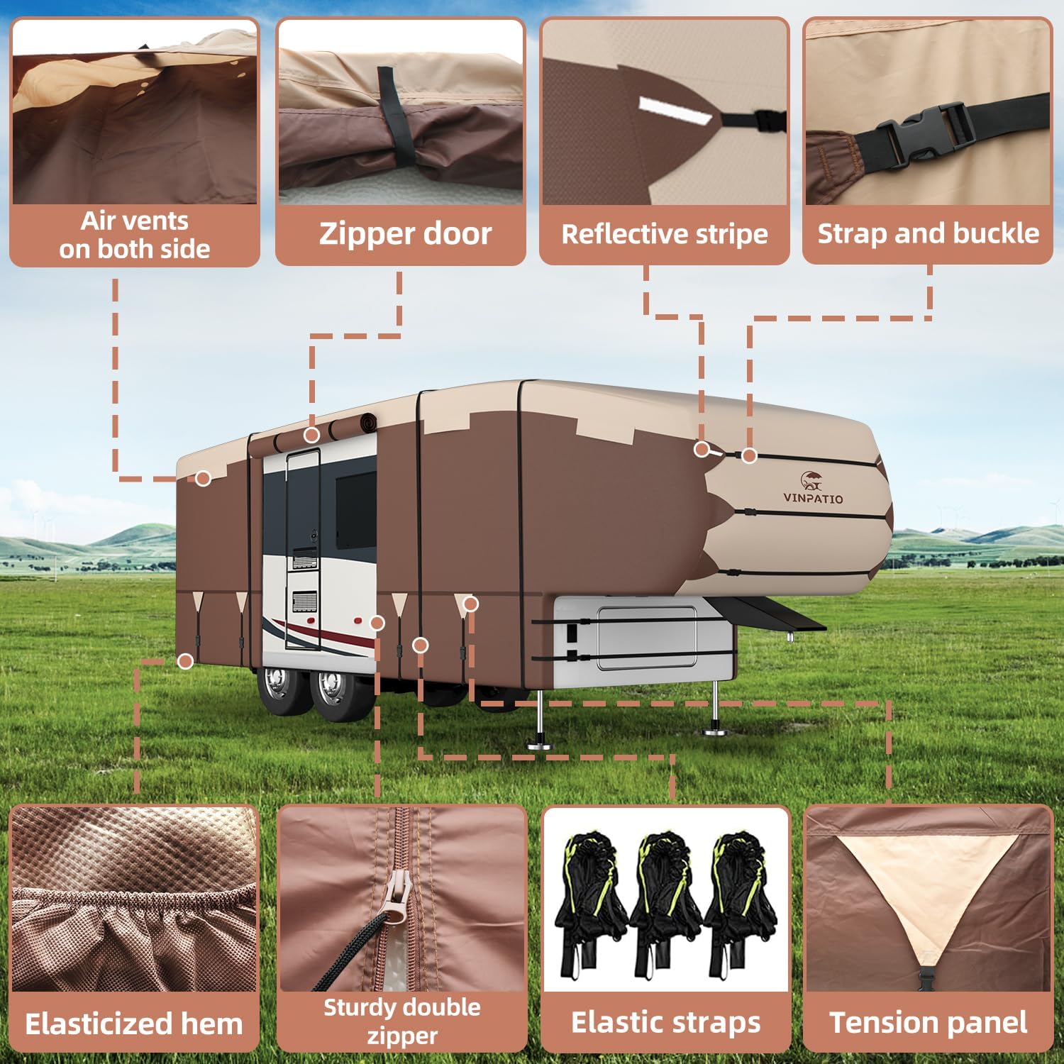 Thumbnail 6 de 5th Wheel Cover for 34'-37' RV (600D Oxford Fabric, Two-Color Design) with Heavy-Duty Waterproof Protection