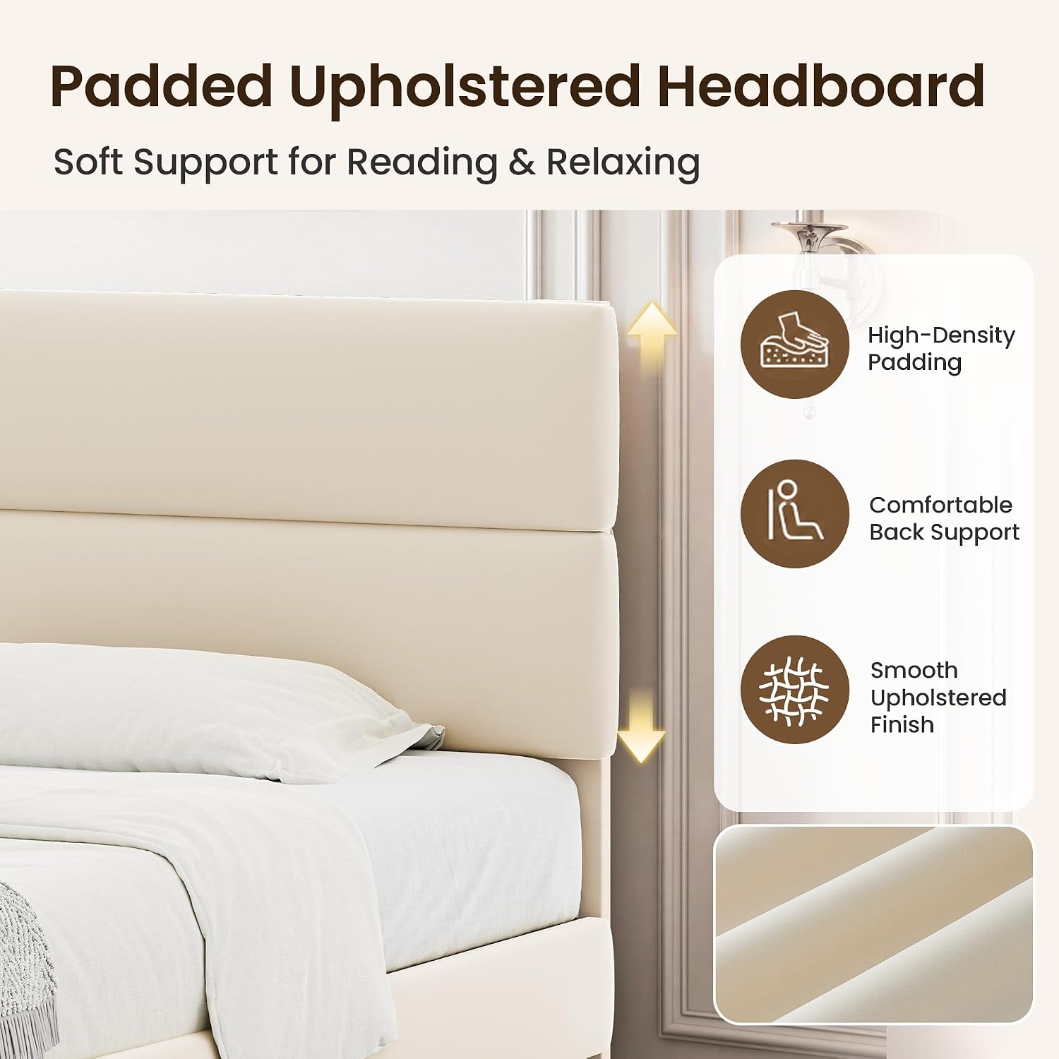 Detalle de GRUSIGN HFCJ-Q-WHT Queen Platform Bed Frame with Adjustable Beige Velvet Headboard