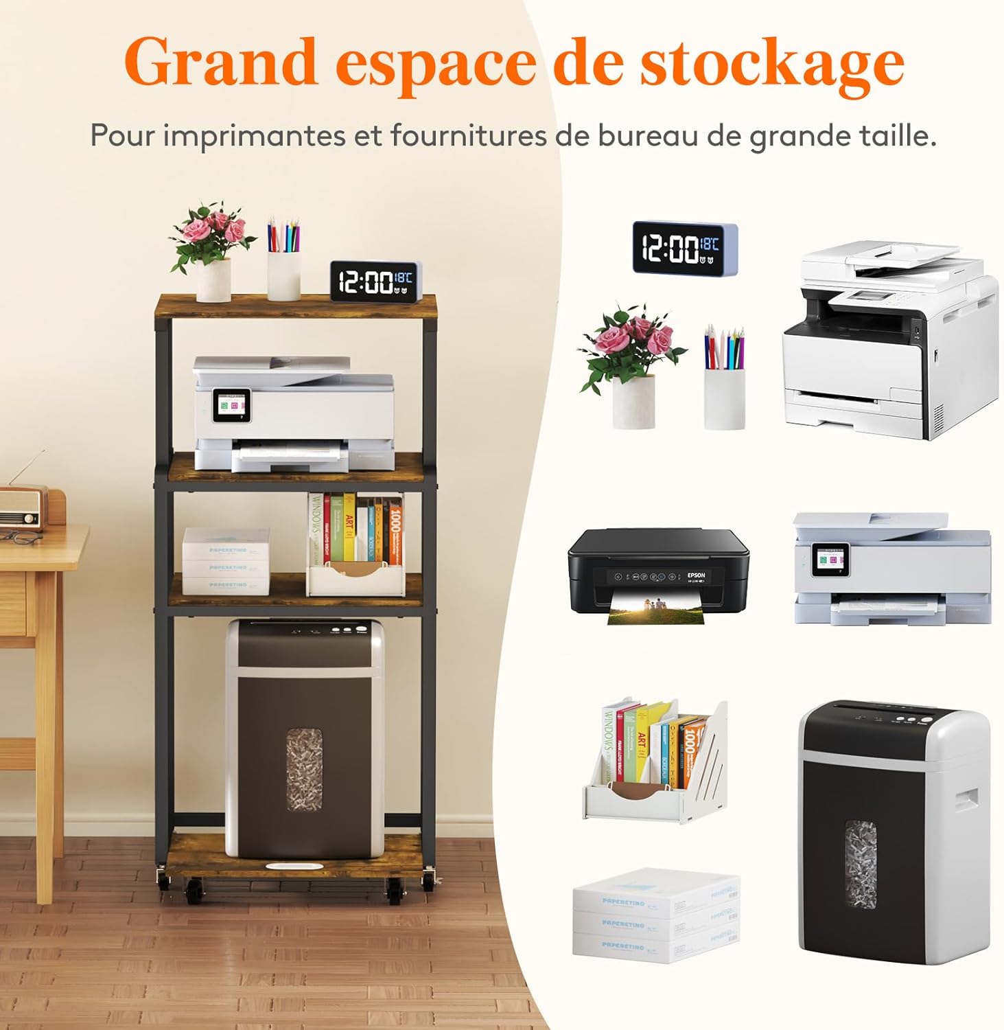 Thumbnail 2 de Lifewit meuble imprimante 4 étages avec roulettes et étagère réglable (53x40x112 cm) pour bureau à domicile