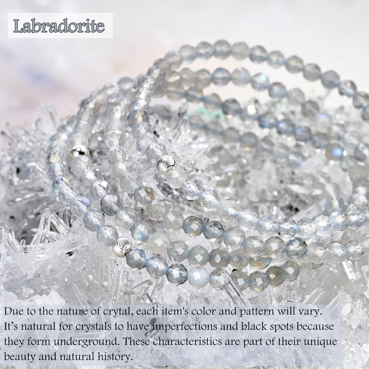 Detalle de Farfume Labradorit 4 mm Edelstein Perlen Armband – Flexibles Silber 925 Schmuckstück für Damen