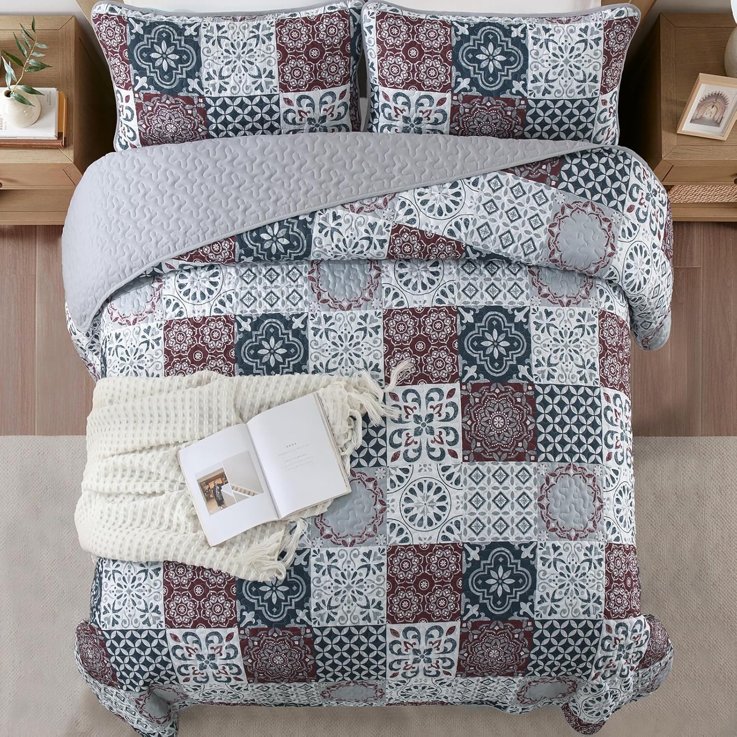 Thumbnail 2 de Dobuyly Patchwork Quilt Set Queen Size Boho Plaid Bedspread - 3 Pieces, Red Grey, Microfiber