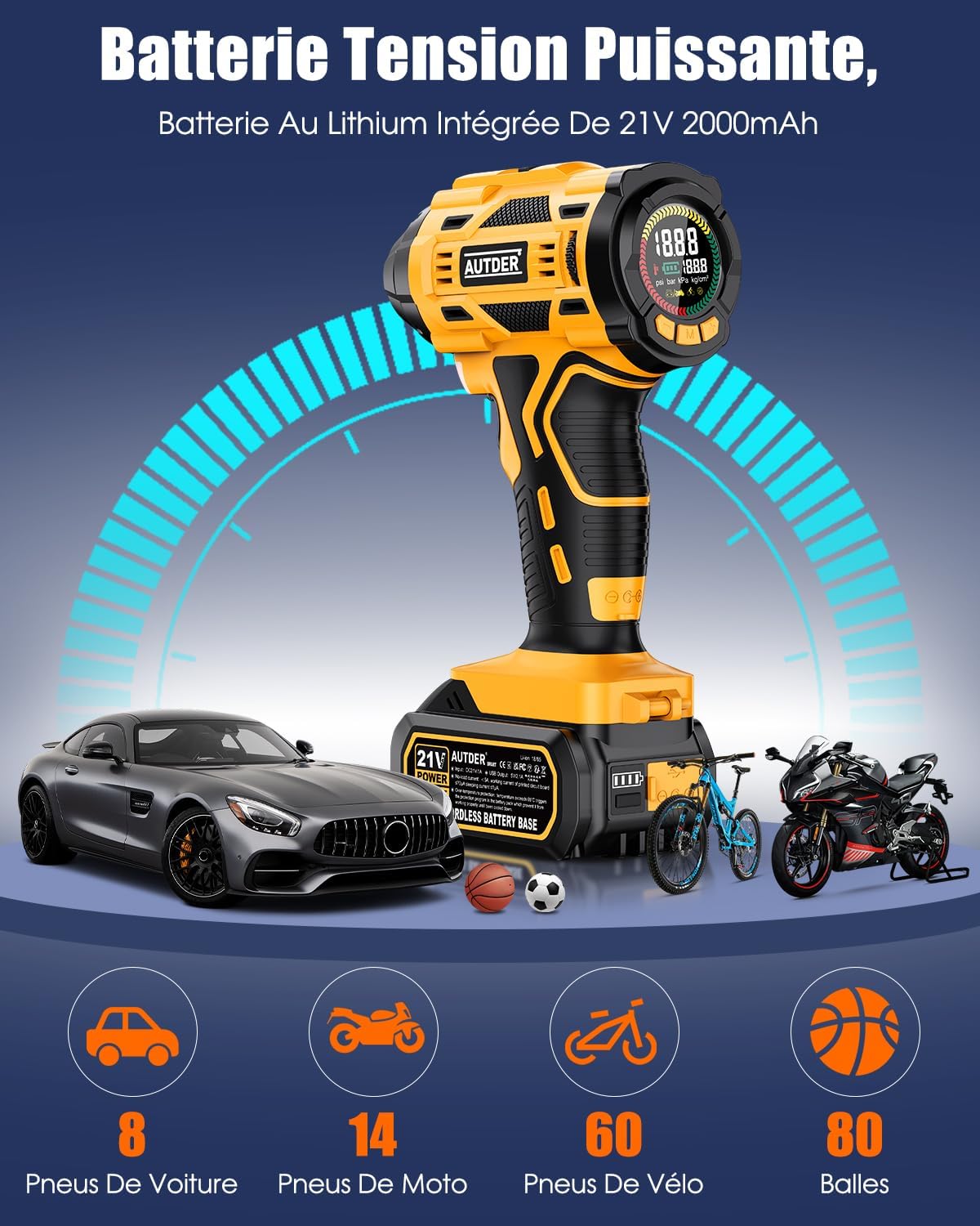 Thumbnail 1 de AUTDER Compresseur à Air Portatif — Gonfleur sans fil 21V/12V, 180 PSI, 4 embouts