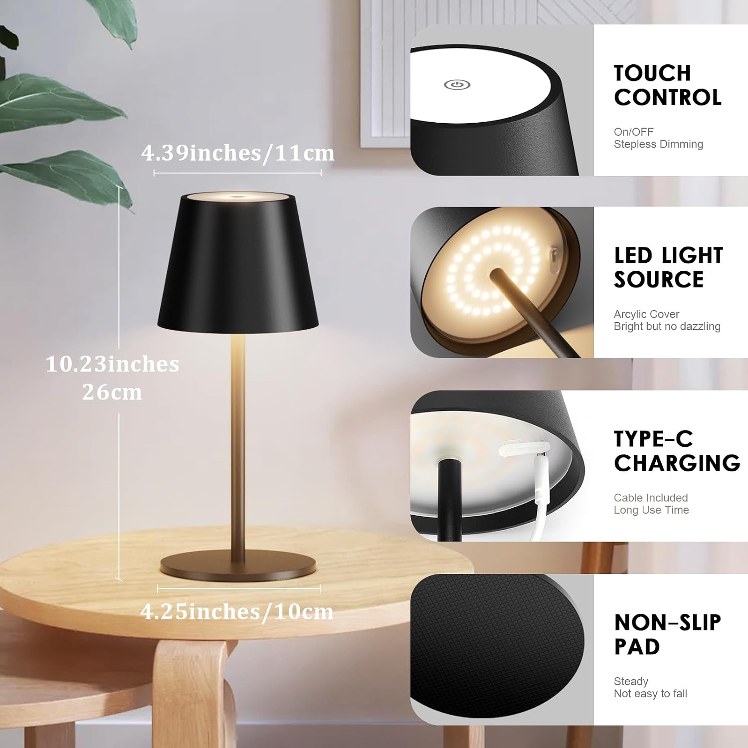 Detalle 2 de lundwa dimmbare Akku-Tischleuchte (2er-Set, 26 cm) mit USB-Ladung, 3 W und 3000 K, IP54 (Schwarz)