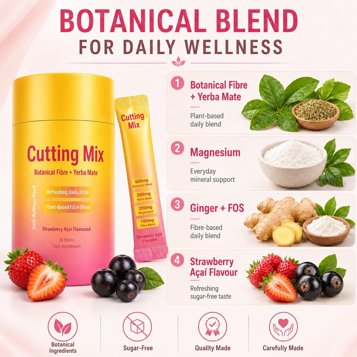 Detalle de Cutting Mix Drink: Botanical Fibre & Yerba Mate Blend – Sugar‑Free Strawberry Açaí Flavoured Sticks (30 x 1 Stick)