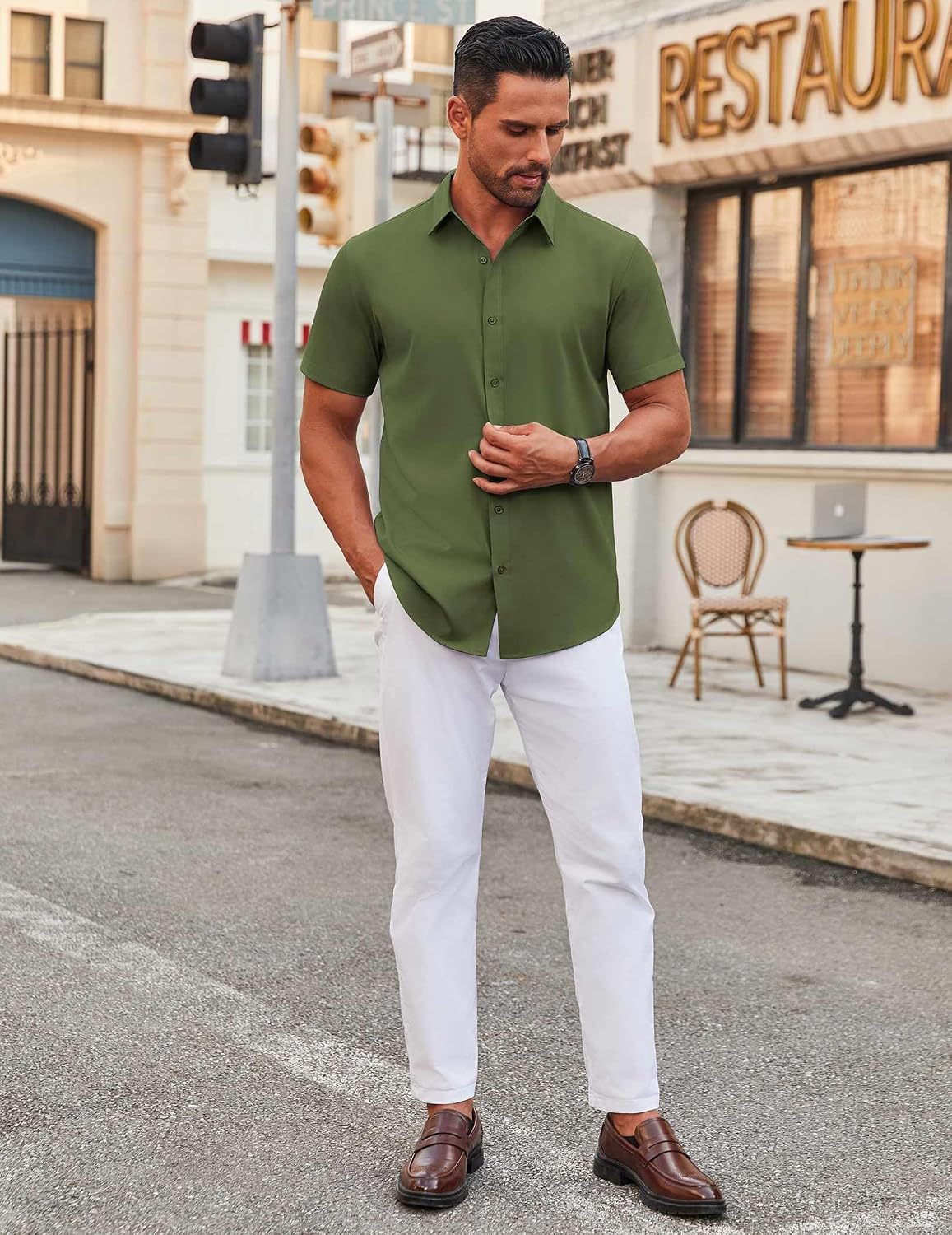 Detalle de COOFANDY Men's Stretch Short Sleeve Dress Shirt — Wrinkle-Resistant, Comfortable Button-Down