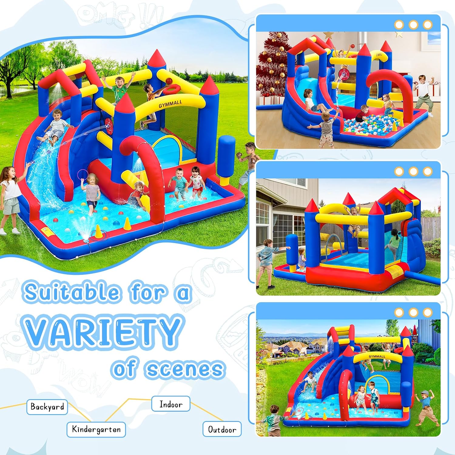 Detalle 2 de GYMMALL 9-in-1 Bounce House with Slide, Climbing Wall and Water Fun for Kids