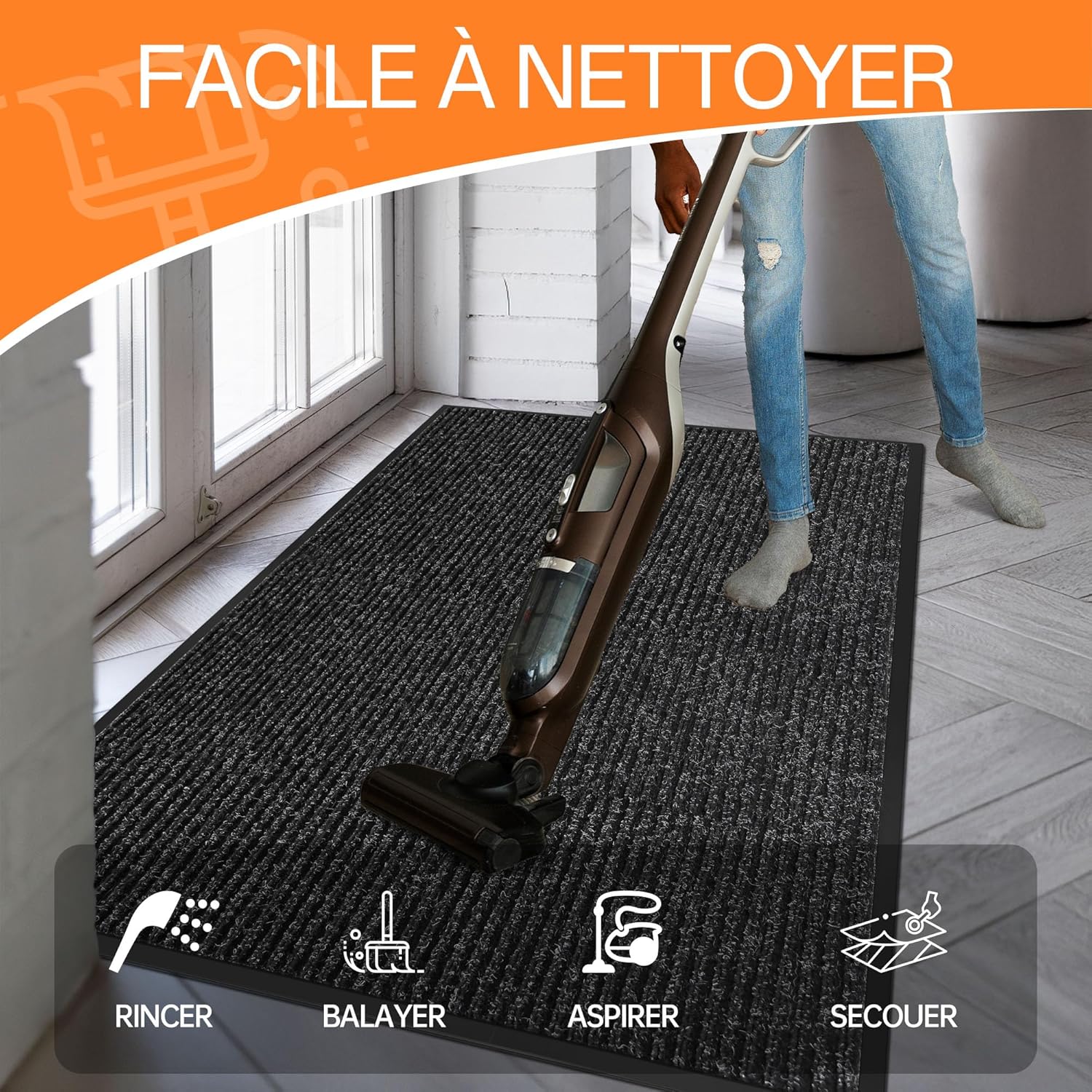 Detalle de HOMEK Paillasson d’extérieur pour entrée 60 x 180 cm noir – grand tapis anti-boue et anti-humidité
