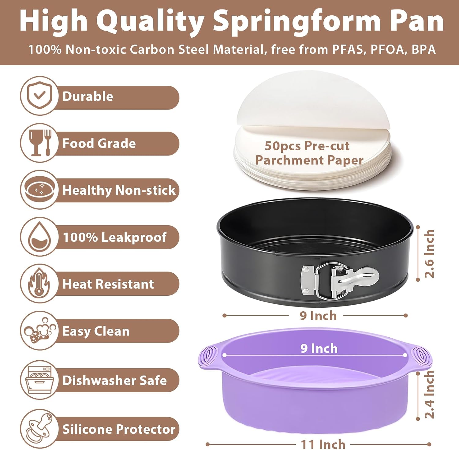 Detalle de 9-Inch Nonstick Springform Cheesecake Pan Set with Silicone Protector and 50 Parchment Liners
