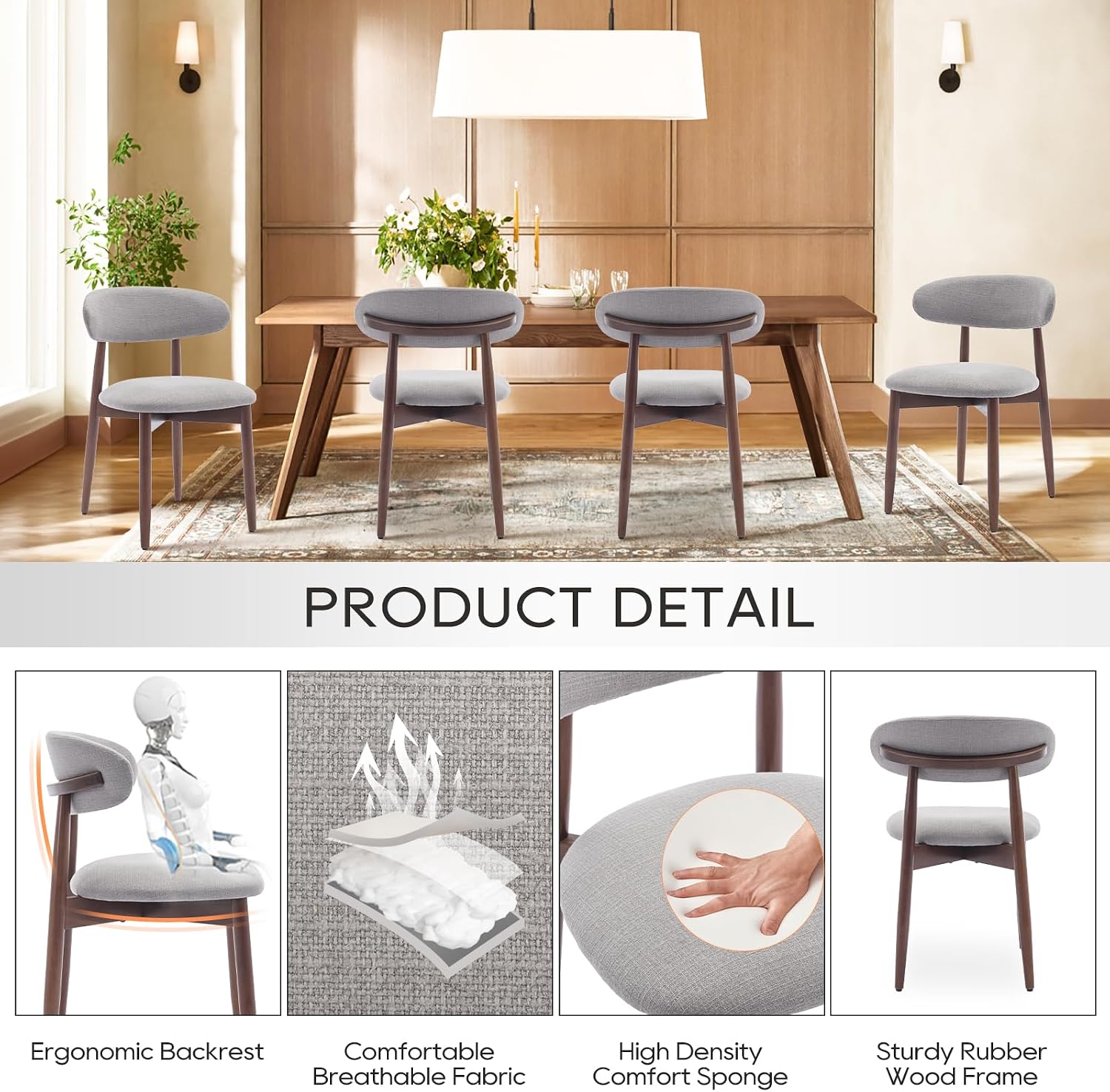 Detalle de COLAMY D6270US Wooden Dining Chairs, Light Grey Fabric, Set of 2