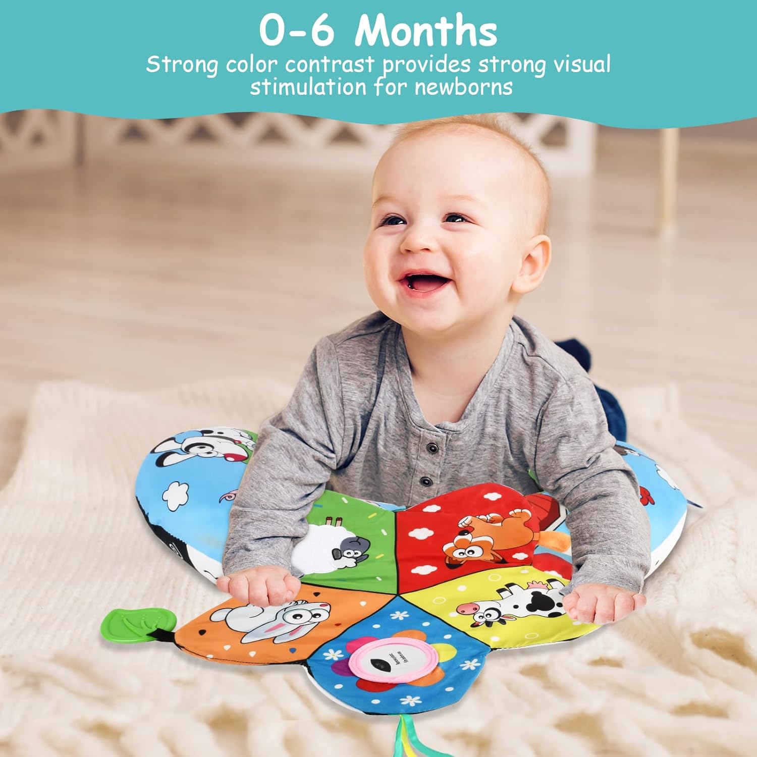 Thumbnail 6 de Vicloon Tummy Time Pillow with Mirror and Teether — Black & White High Contrast Baby Toy Set (Farm) for 0–6 Months