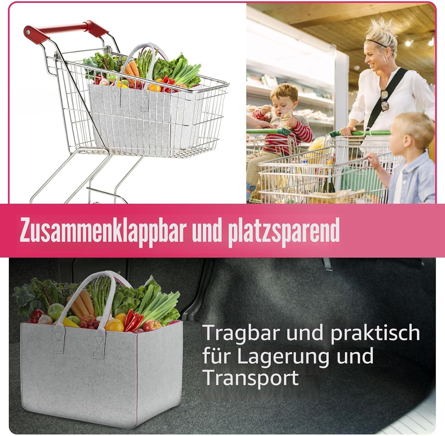Thumbnail 3 de Sinand 30L Einkaufskorb – Faltbare Filztasche mit Henkel, robust & langlebig (Dunkelgrau – Blau)