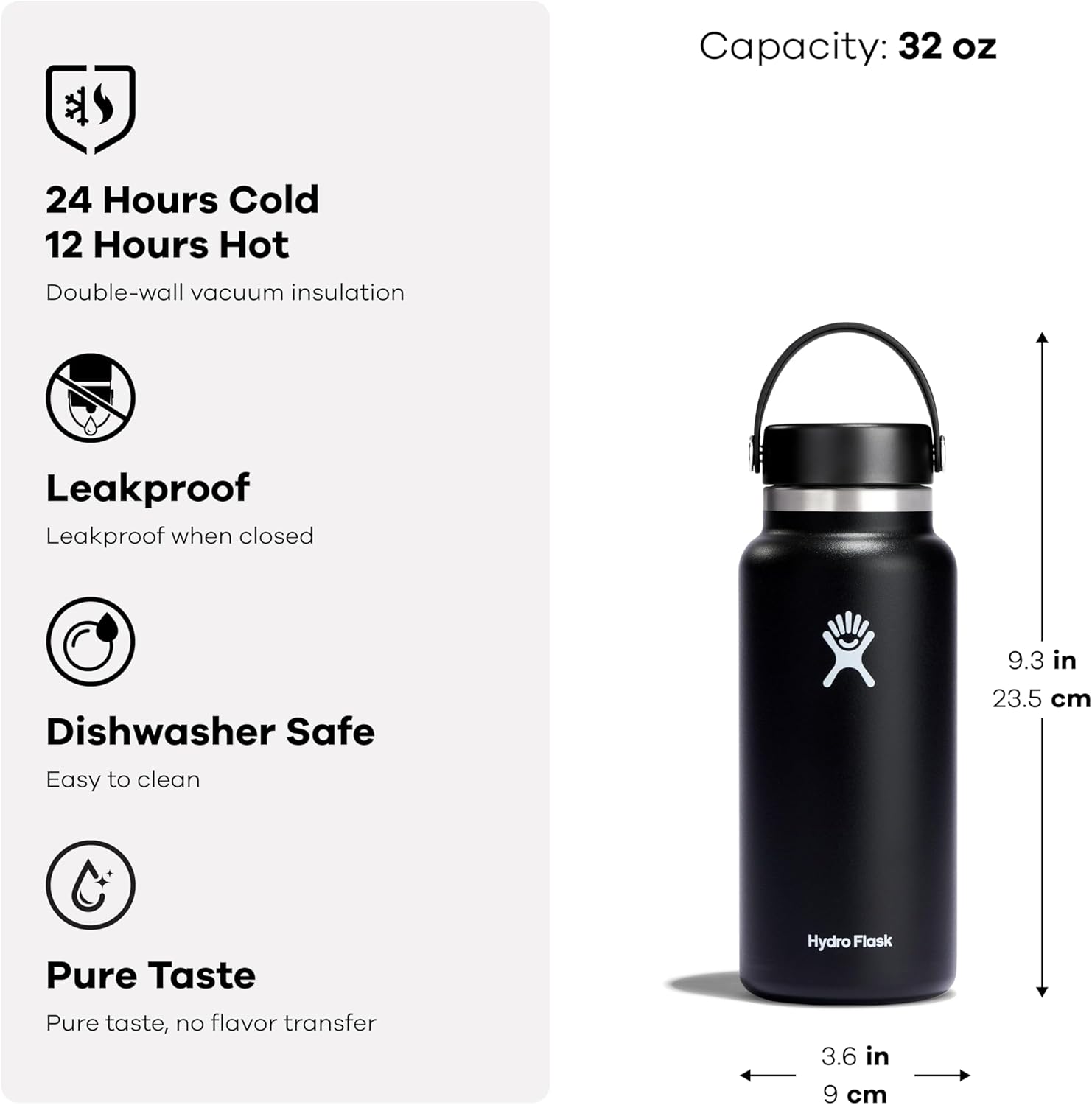 Detalle de Hydro Flask Water Bottle - 32 oz Wide Mouth Insulated with Flex Lid (Black)
