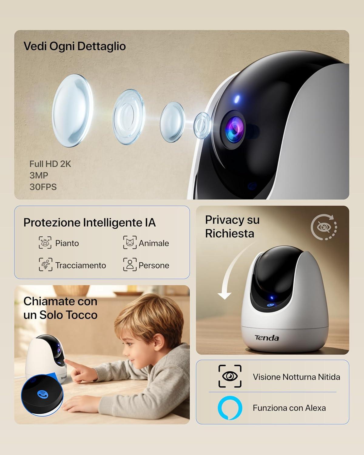 Thumbnail 1 de Tenda CP3 Pro Telecamera Wi‑Fi interna 360° 2K con visione notturna, chiamata one‑touch e audio bidirezionale