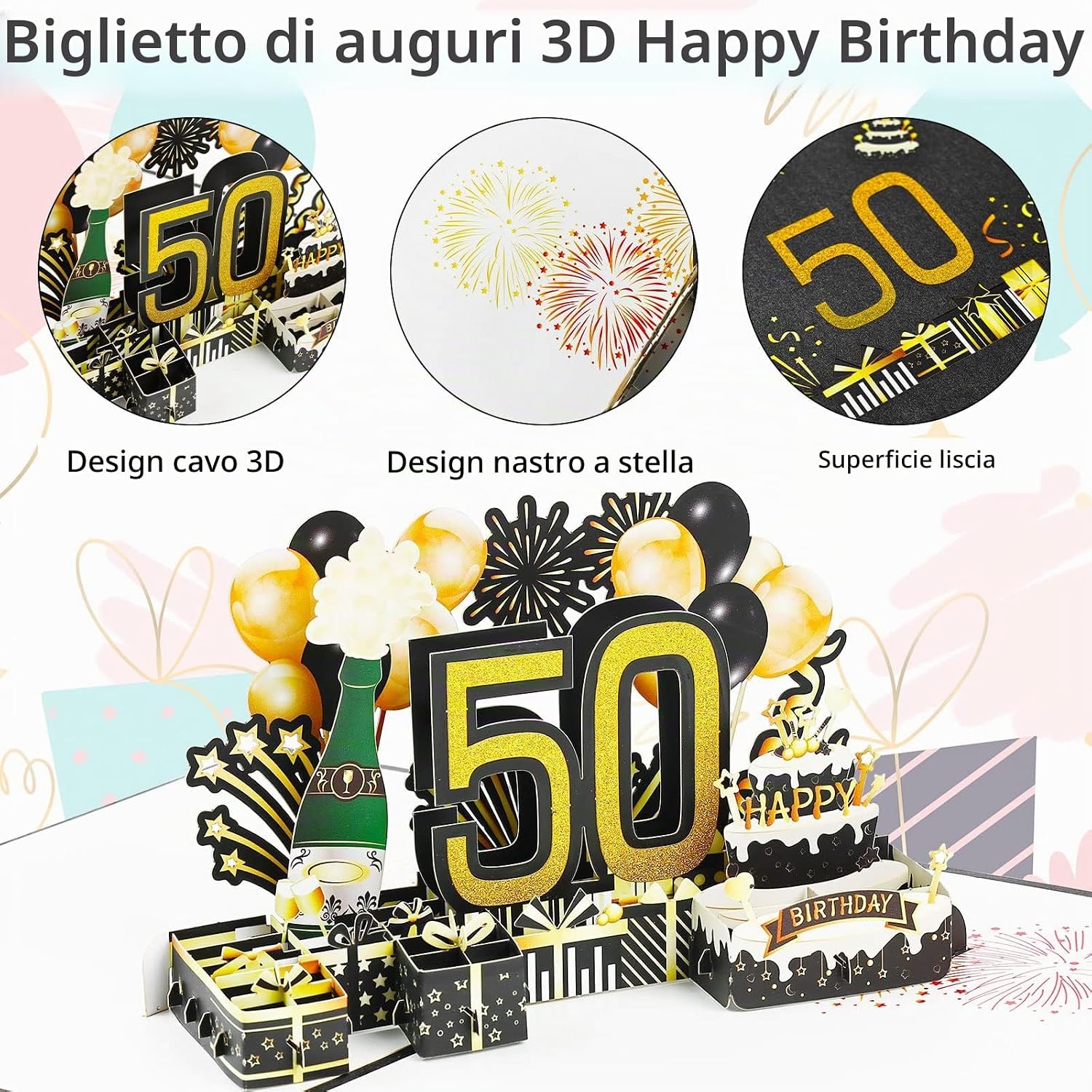 Detalle de Joyoldelf Biglietto di Auguri di Compleanno 50° Pop-Up 3D con Busta - Per Donne, Mamme, Ragazze, Uomini, Amici