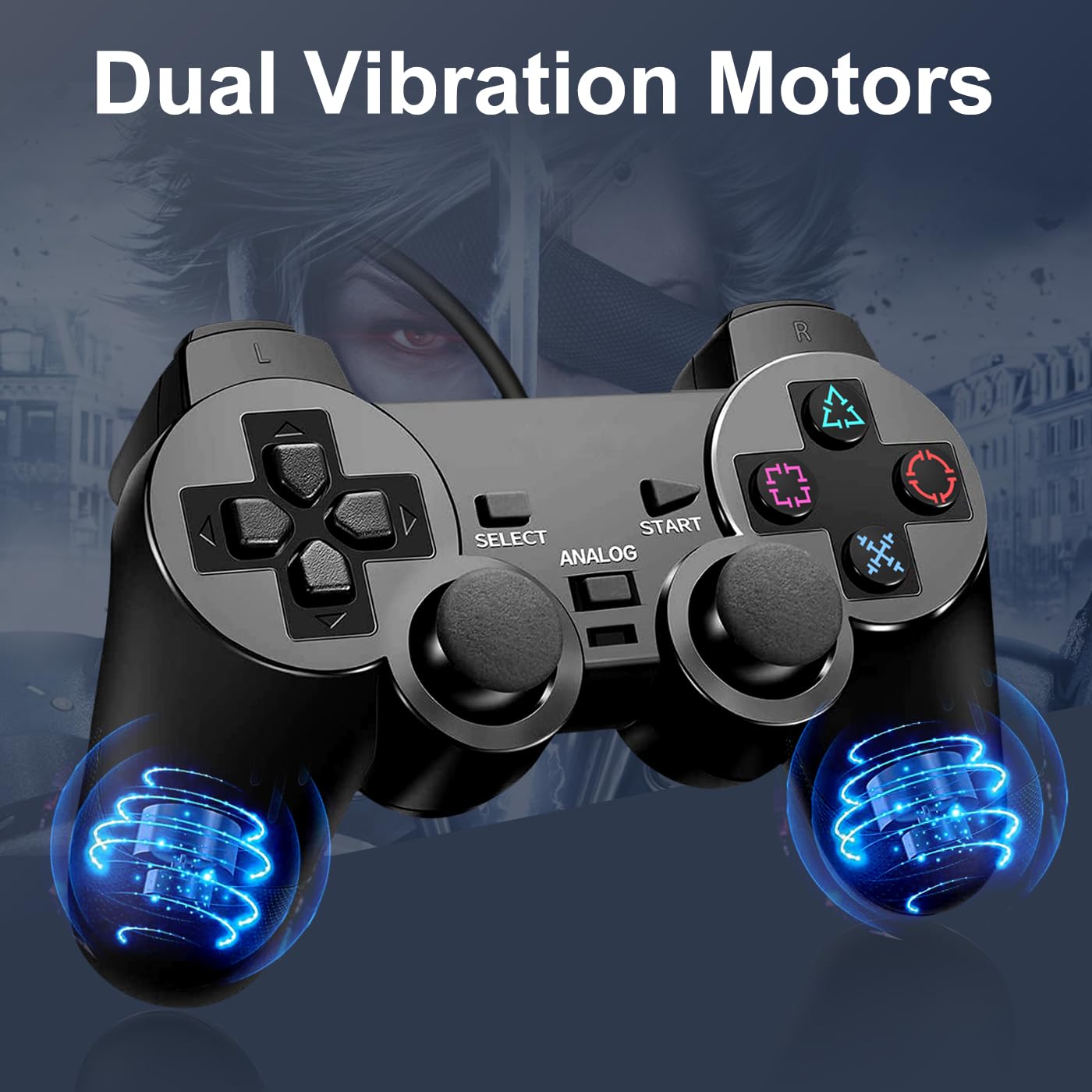 Detalle de HaeBorl PS2 Controller, 2 Pack Wired Controller for PS2/PS2 Slim/PS1 with Dual Vibration