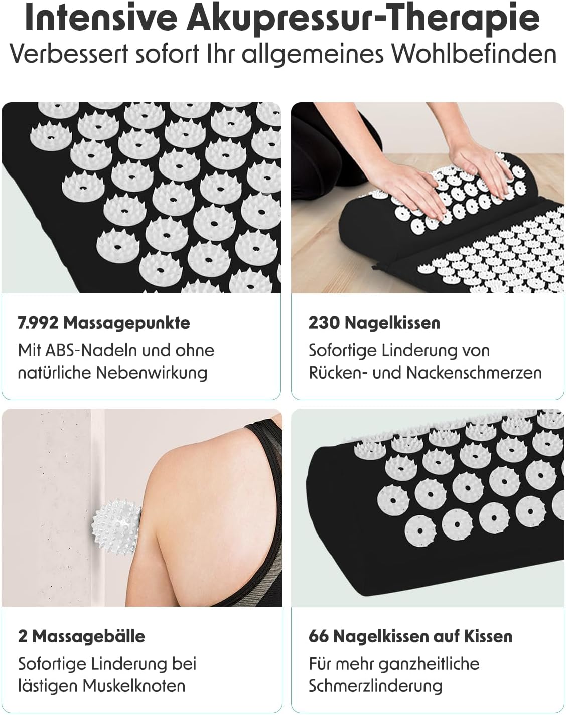 Detalle de LifeGoods Akupressurmatte mit Kissen – Akkupressmatte gegen Schmerzen & Stress, Massagematte für Rücken und Nacken