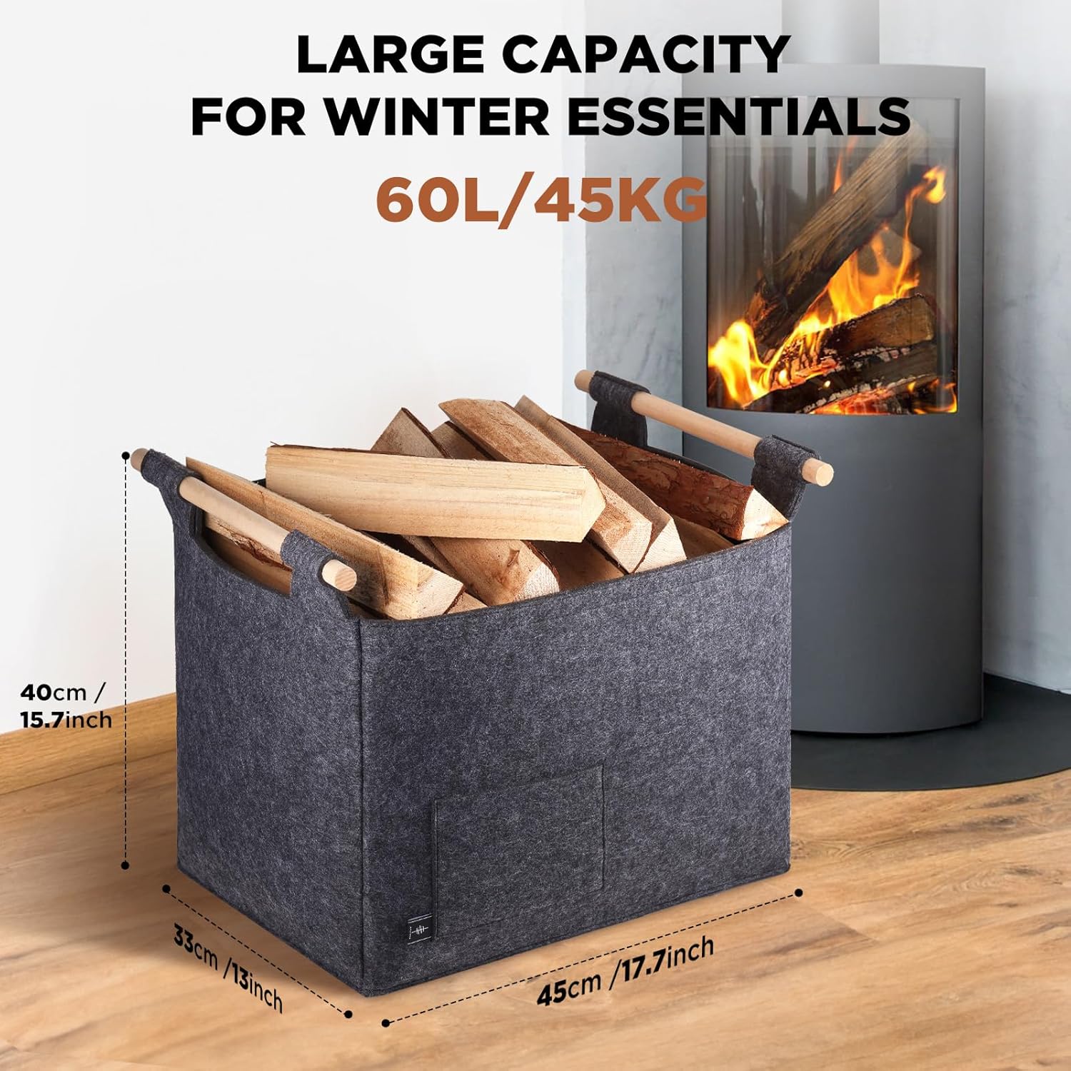 Thumbnail 6 de BONTHEE Log Carrier Felt Bag with Wooden Handles (Grey) – Fireplace Wood Tote for Indoor Storage