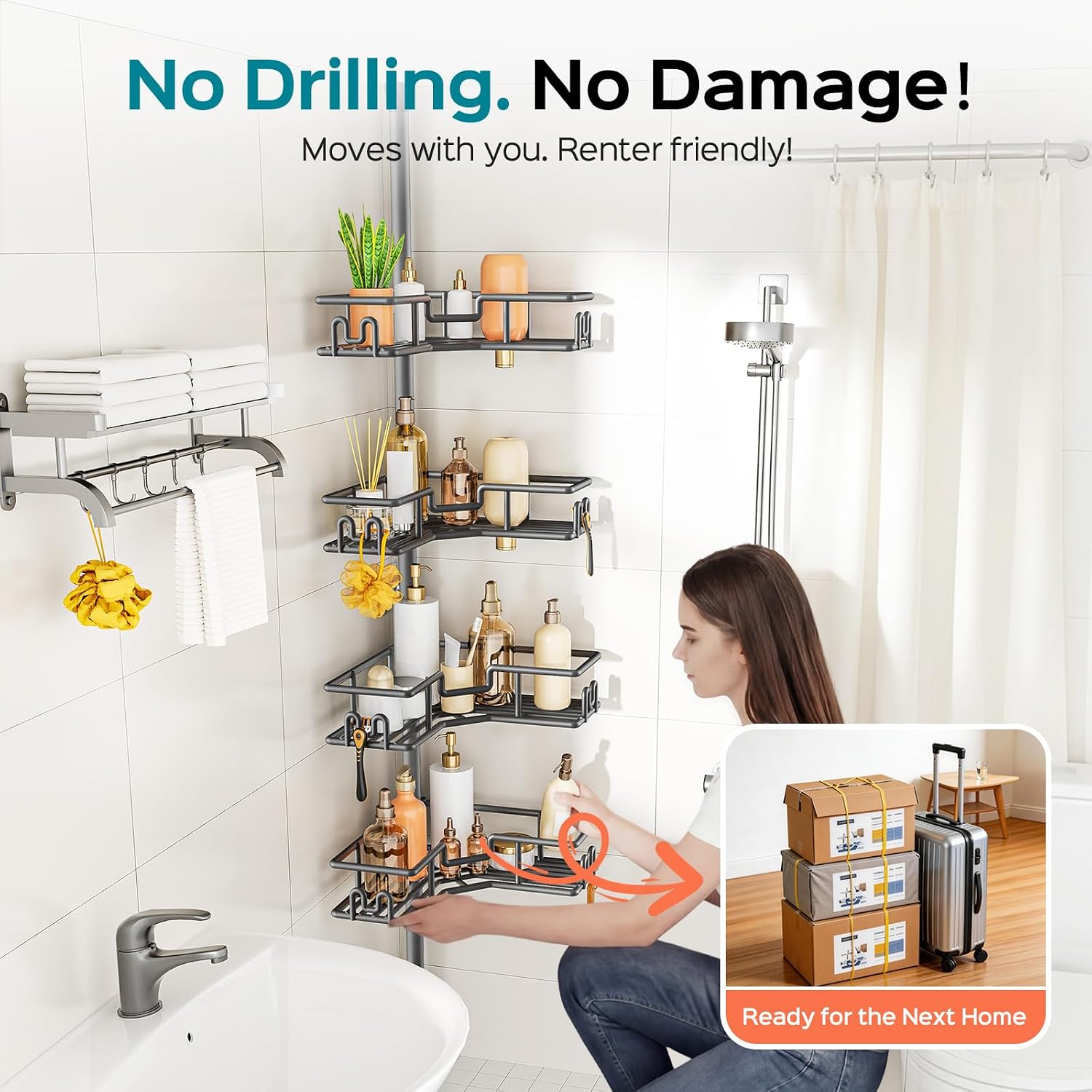 Thumbnail 6 de HAMITOR Shower Caddy Tension Pole Gray, 4-Tier Adjustable Storage