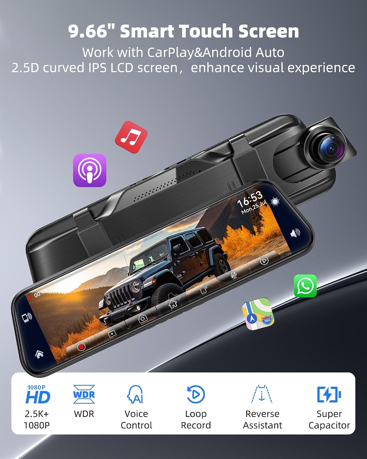 Detalle 2 de KOUENOM 2.5K Mirror Dash Cam with CarPlay & Android Auto, 10” Rear View Mirror Camera (64GB Included)