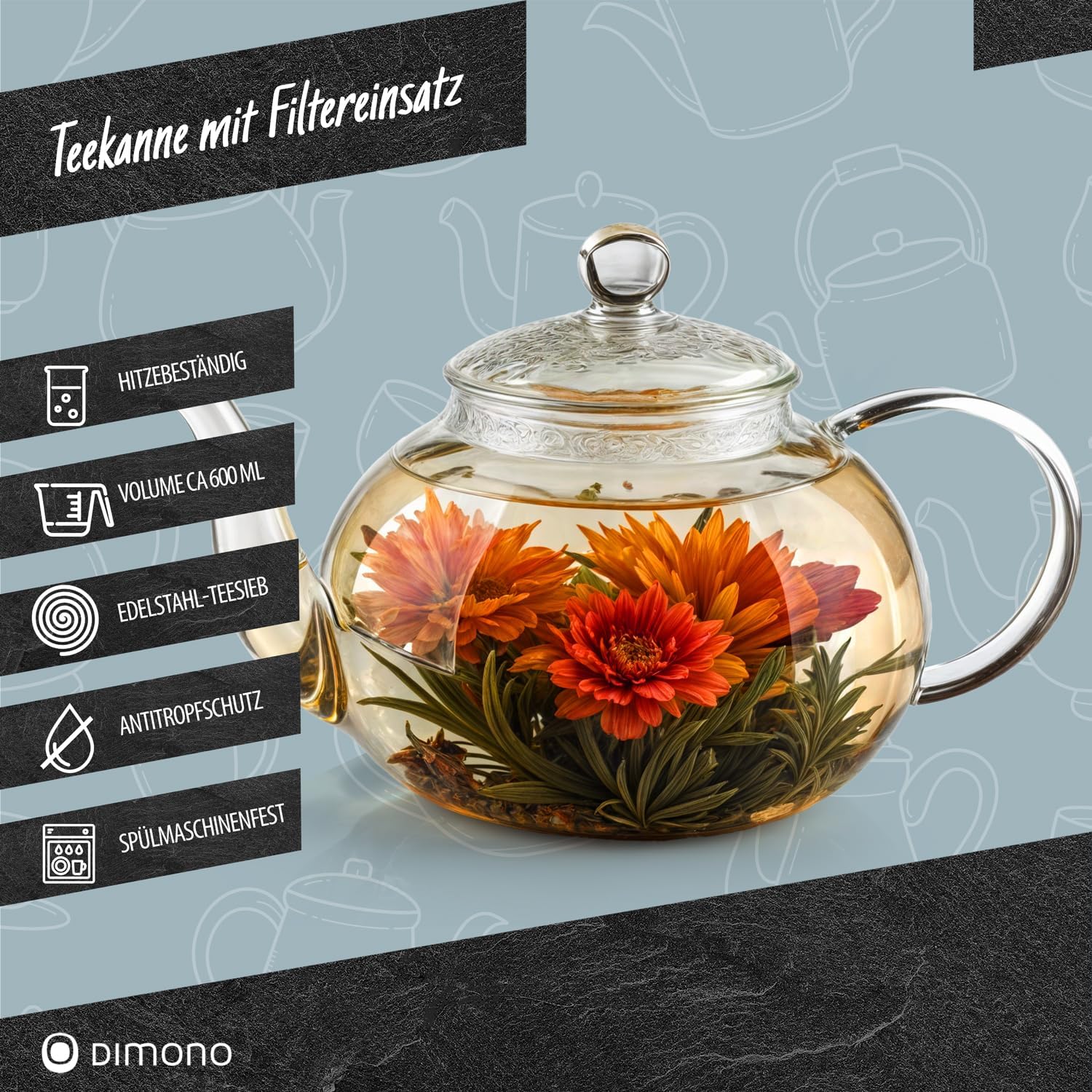 Detalle 2 de DIMONO 1 – szklany dzbanek do herbaty 600 ml z sitkiem, ze szkła borokrzemianowego