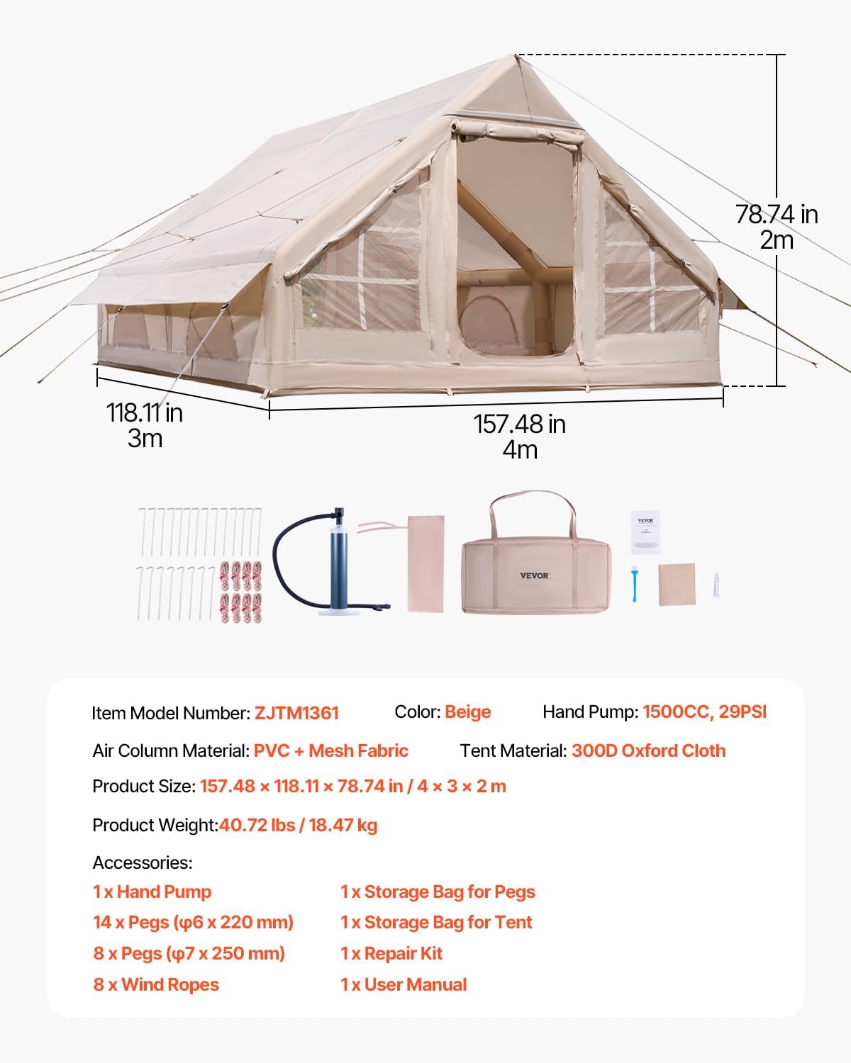 Thumbnail 6 de VEVOR Aufblasbares Campingzelt – 4-Jahreszeiten mit Ofenanschluss, 5–8 Personen, einfach aufzubauen